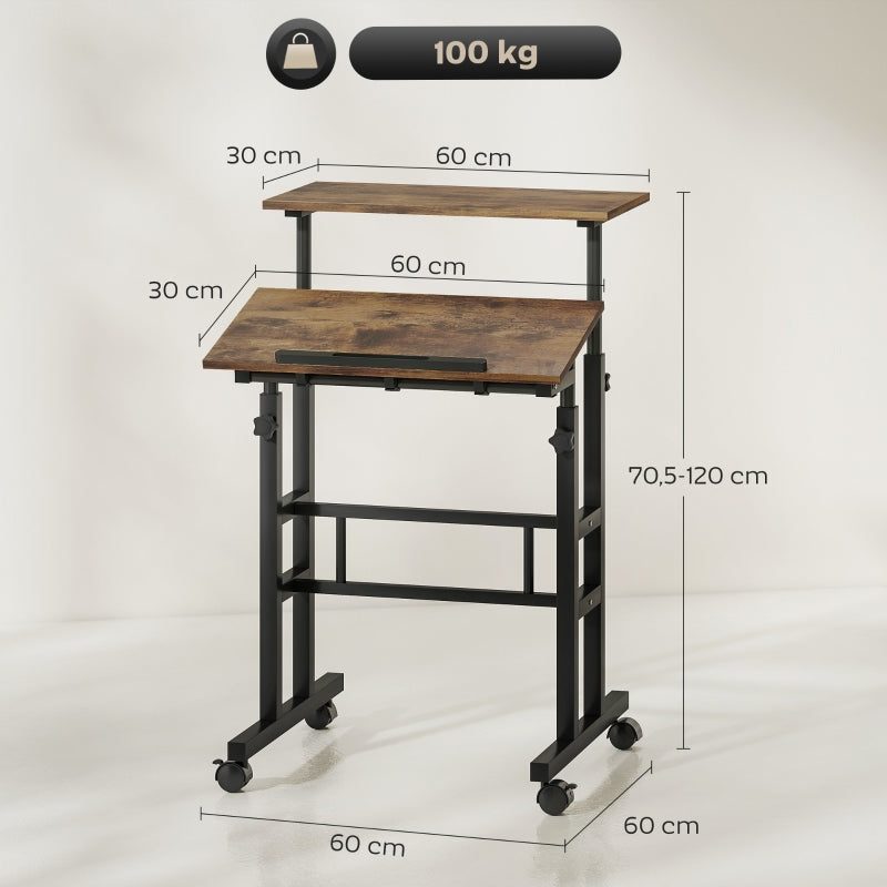 Height-Adjustable Desk 60x60cm Shelf Casters - Rustic Brown