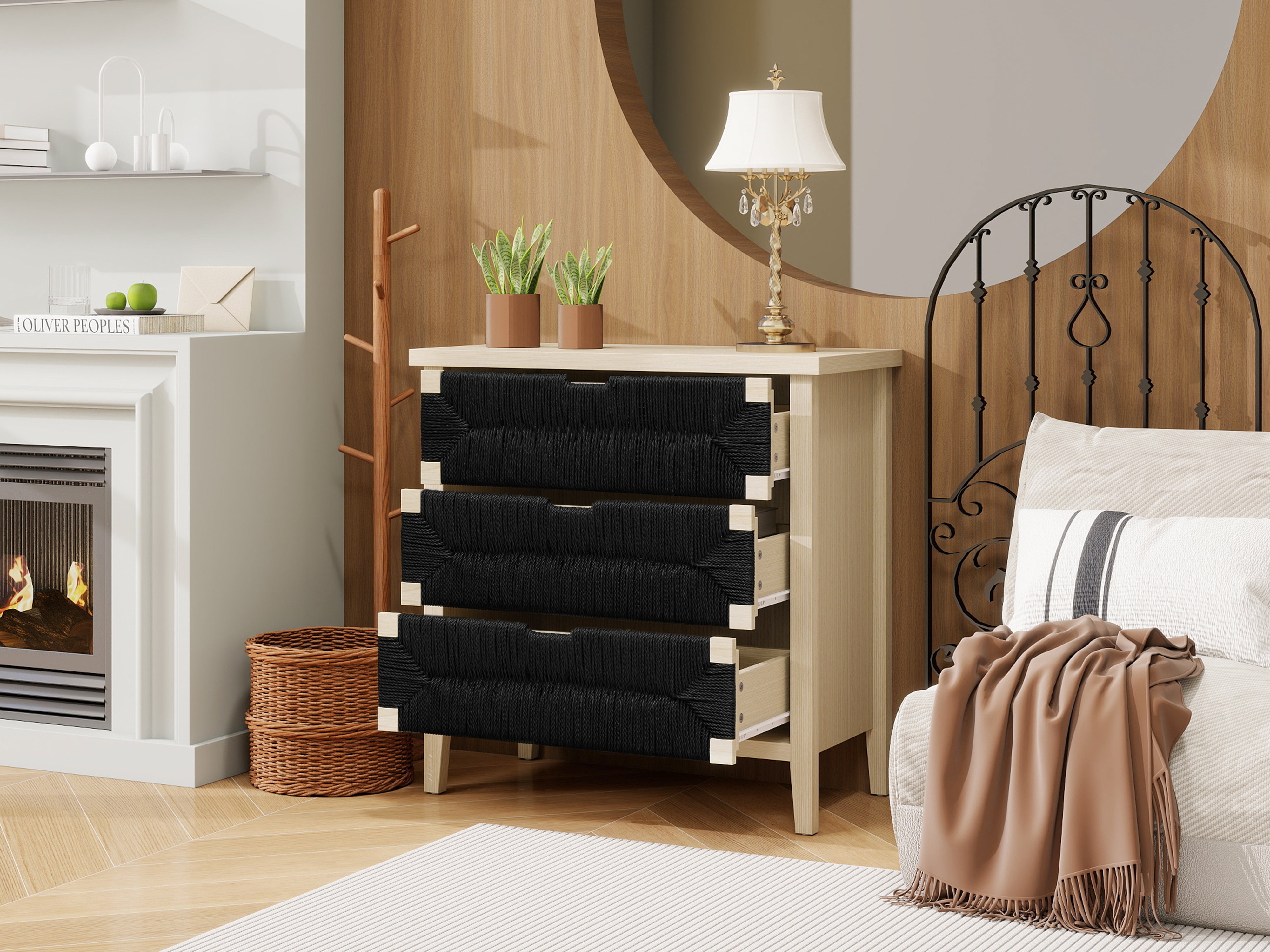 Chest of Drawers 3-Drawer Boho Rope Design 80cm - Natural Wood/Black