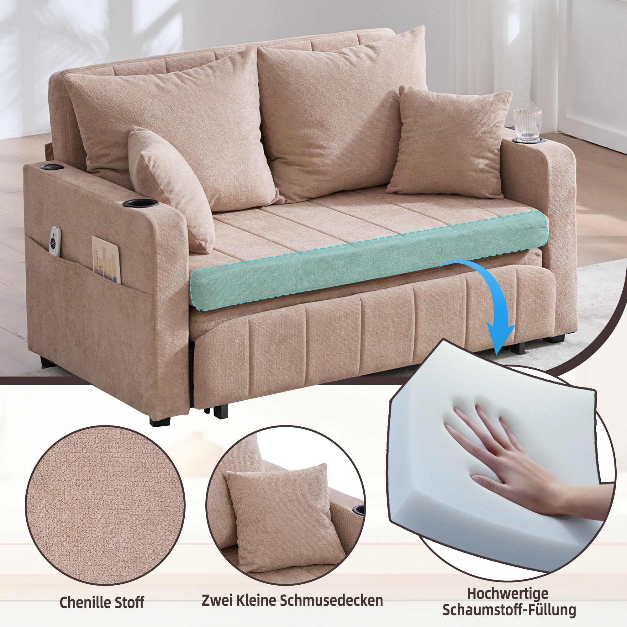 Multifunctional Sofa, Folding Pull-Out with Storage & USB, Fabric