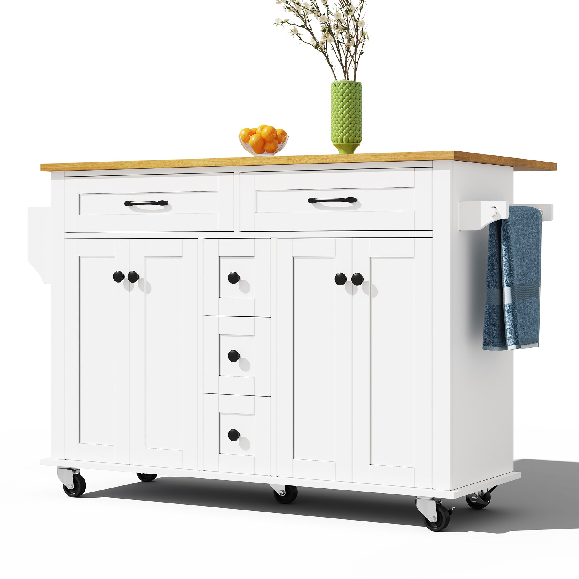 Multifunctional Kitchen Island Extendable Worktop 5 Drawers Storage Racks on Wheels