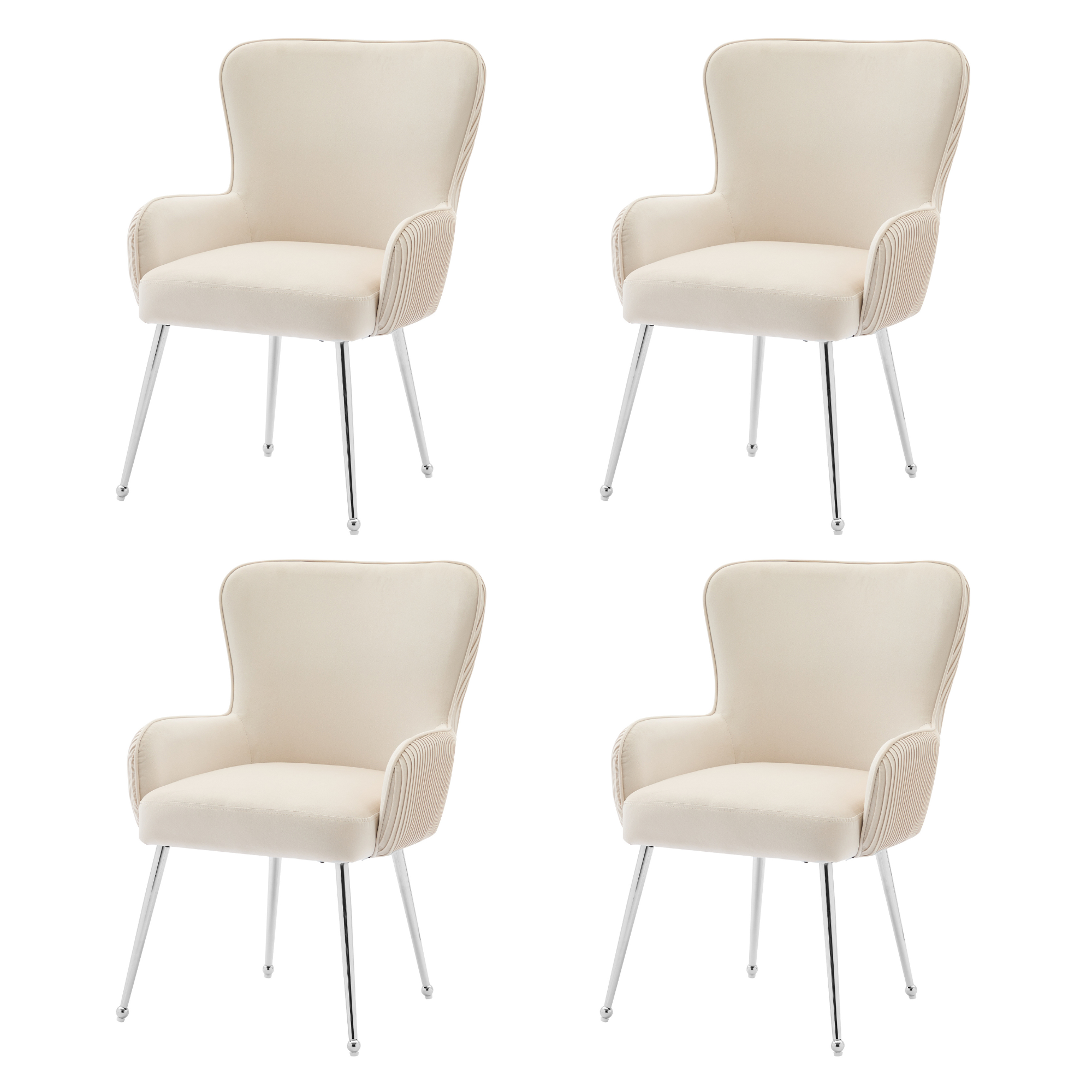 Velvet Dining Chair Set of 4 with Armrests and Silver Metal Legs, Beige Velvet