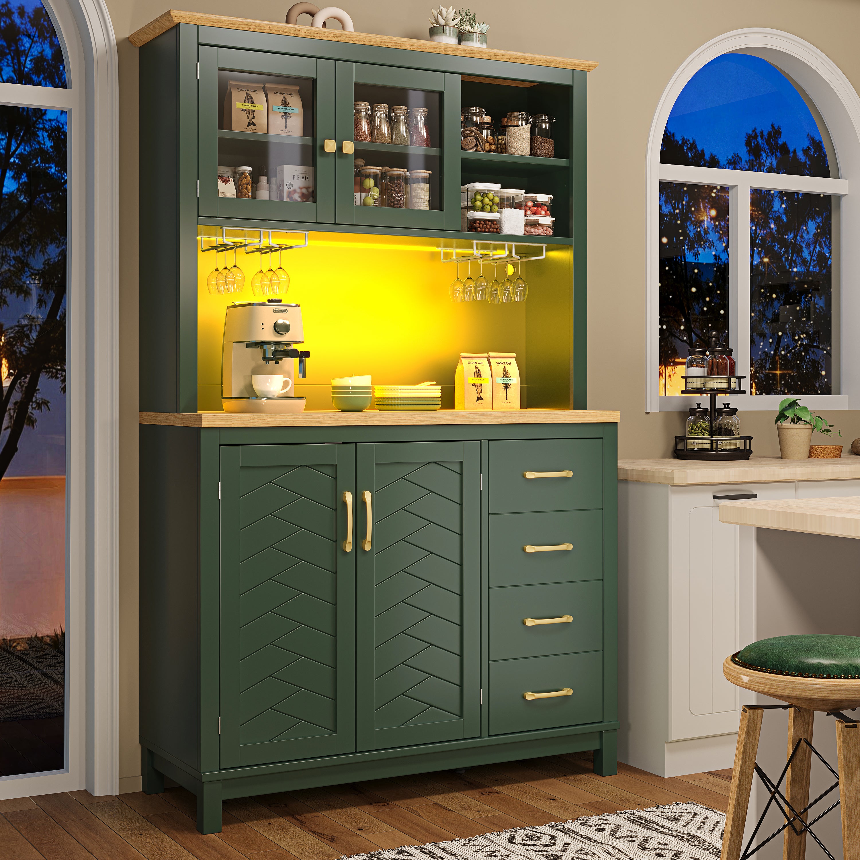 Buffet Cabinet with LED Light Strip and Drink Holders, Green, Black and White