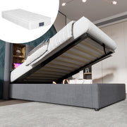 Single Bed, Wireless Charging USB C, 90x200cm with Storage, Wood-Grey Cotton