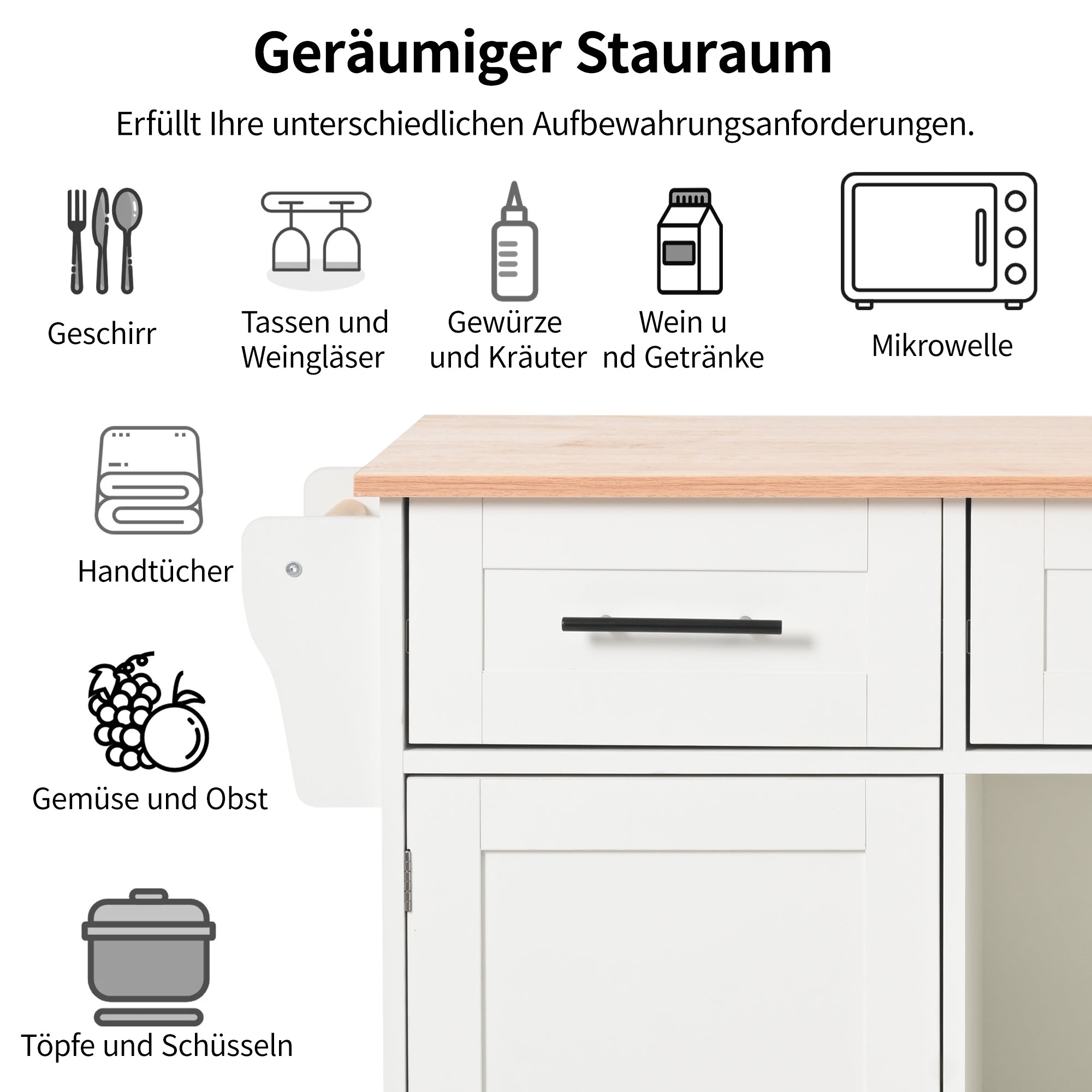 Dining Cart Sideboard 139cm Folding Worktop Storage on Wheels - White/Wood