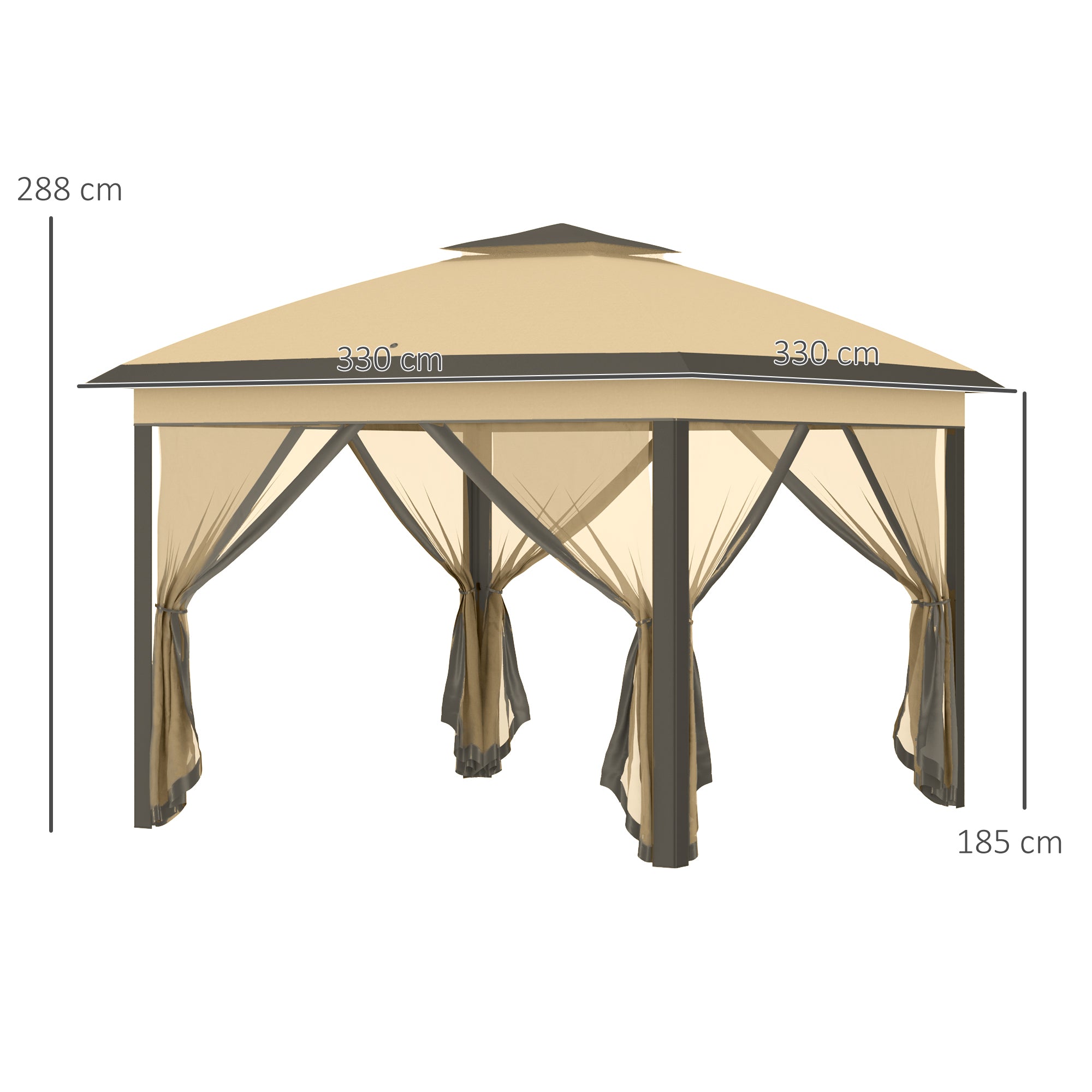Pop Up Gazebo, 3.3 x 3.3m Double Roof Foldable with Zipped Mesh Sidewalls, Height Adjustable, Beige