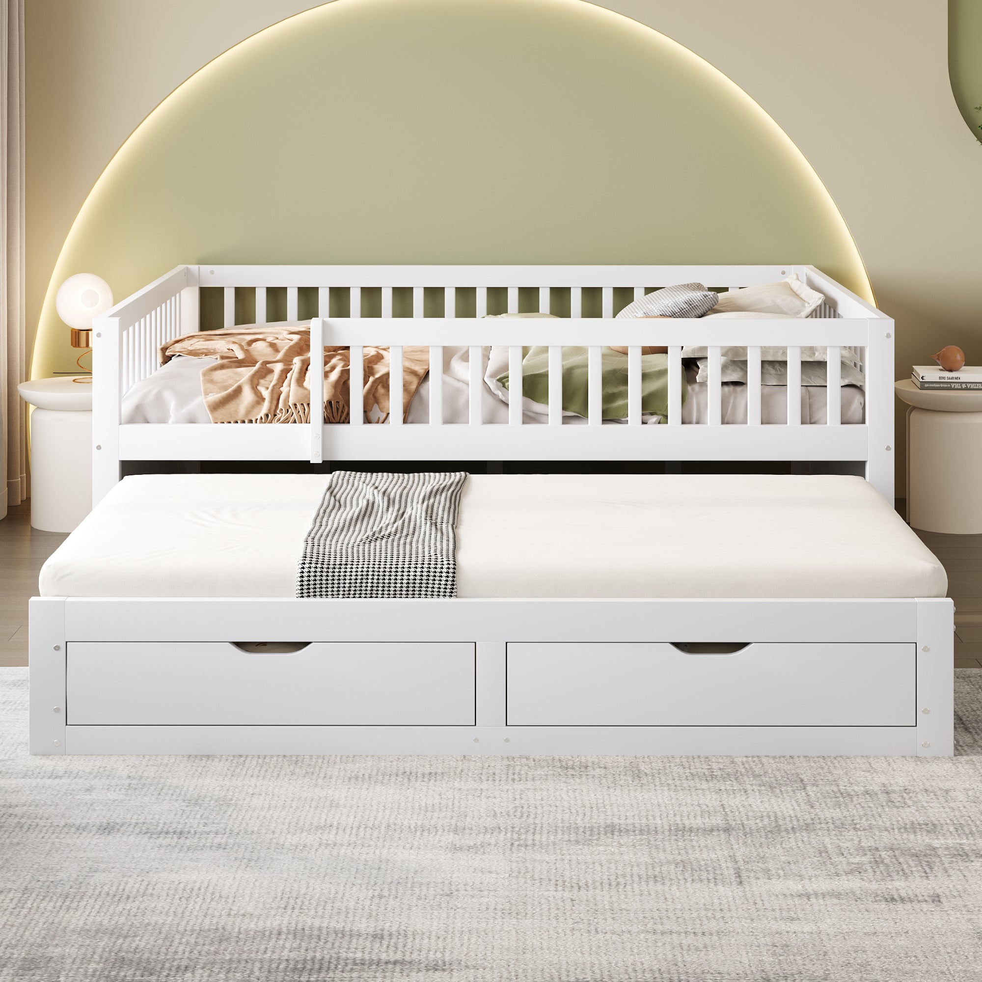 Sofa Bed, Pull-Out with Safety Gate & 2 Drawers, Solid Wood, White