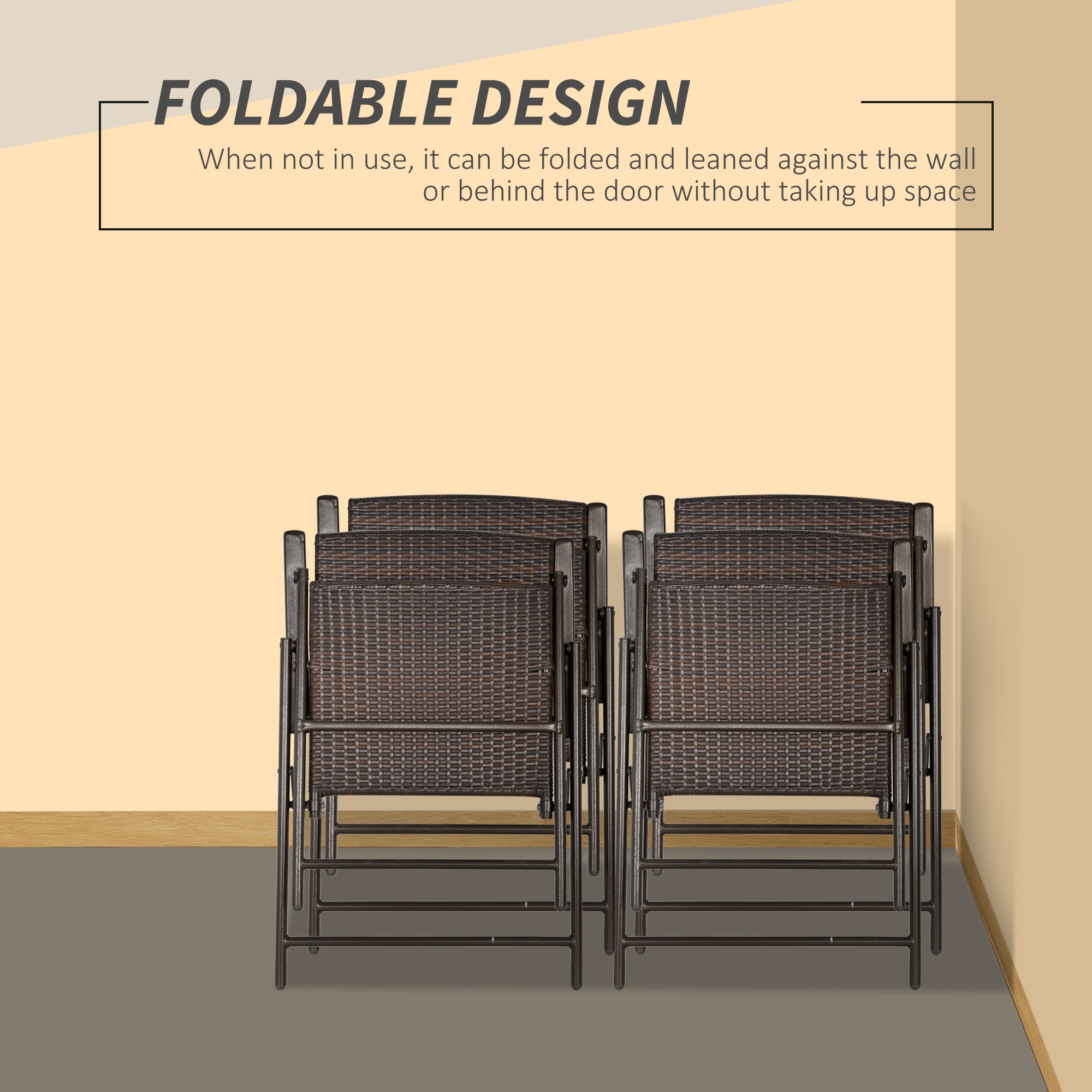 Folding Rattan Seat Chairs, Set of Four - Brown