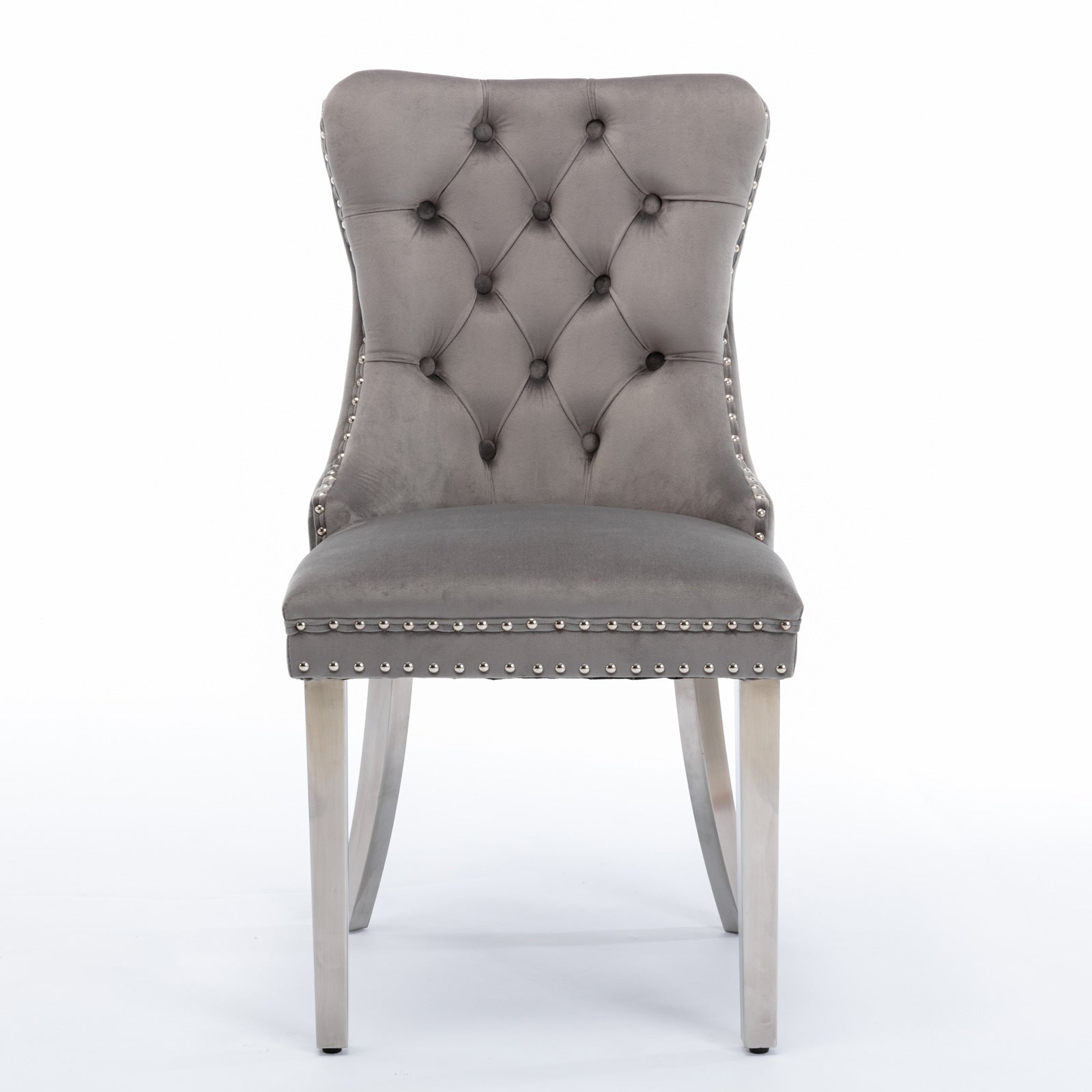 A&A Furniture Nikki Collection Tufted Velvet Dining Chair Set of 2, Gray and Chrome