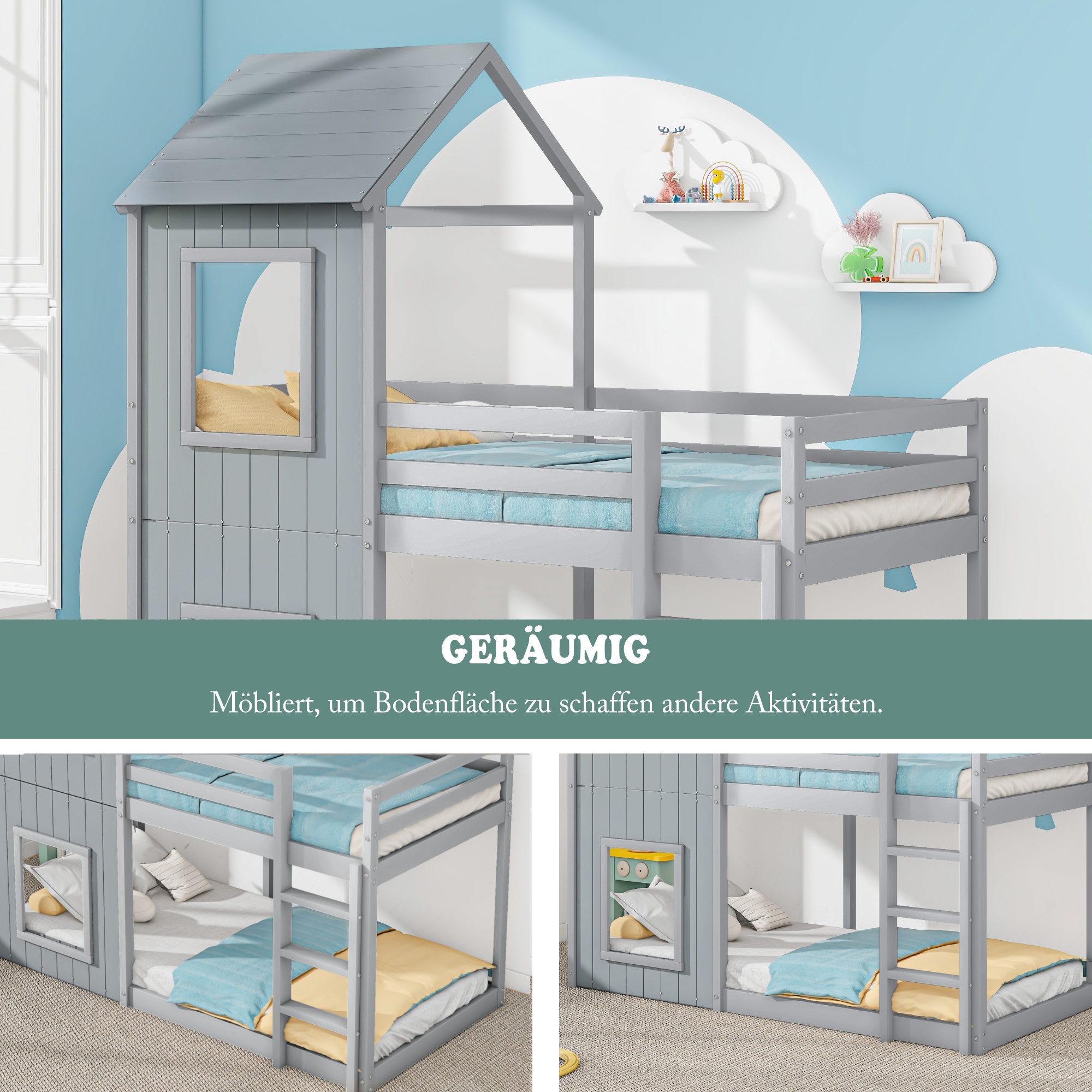 Bunk Bed, House Bed with Ladder & Canopy, Solid Wood, Grey