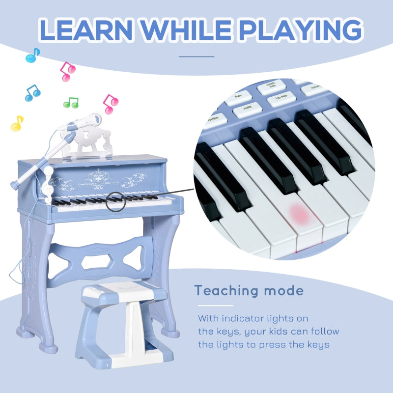 Kids Piano Mini Electronic Keyboard Grand Piano Toy Set with Stool & Microphone - Blue