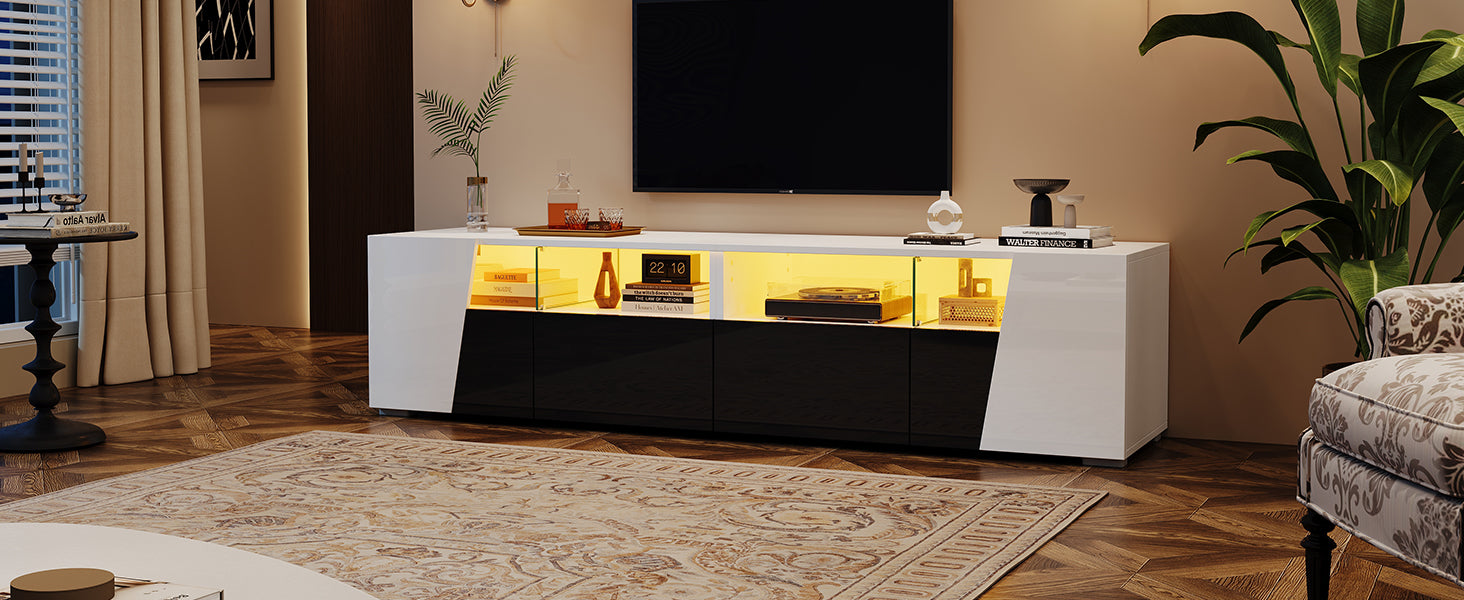 TV Stand High-gloss LED Lighting 2 Drawers 2 Cabinets 80-inch, White + Black