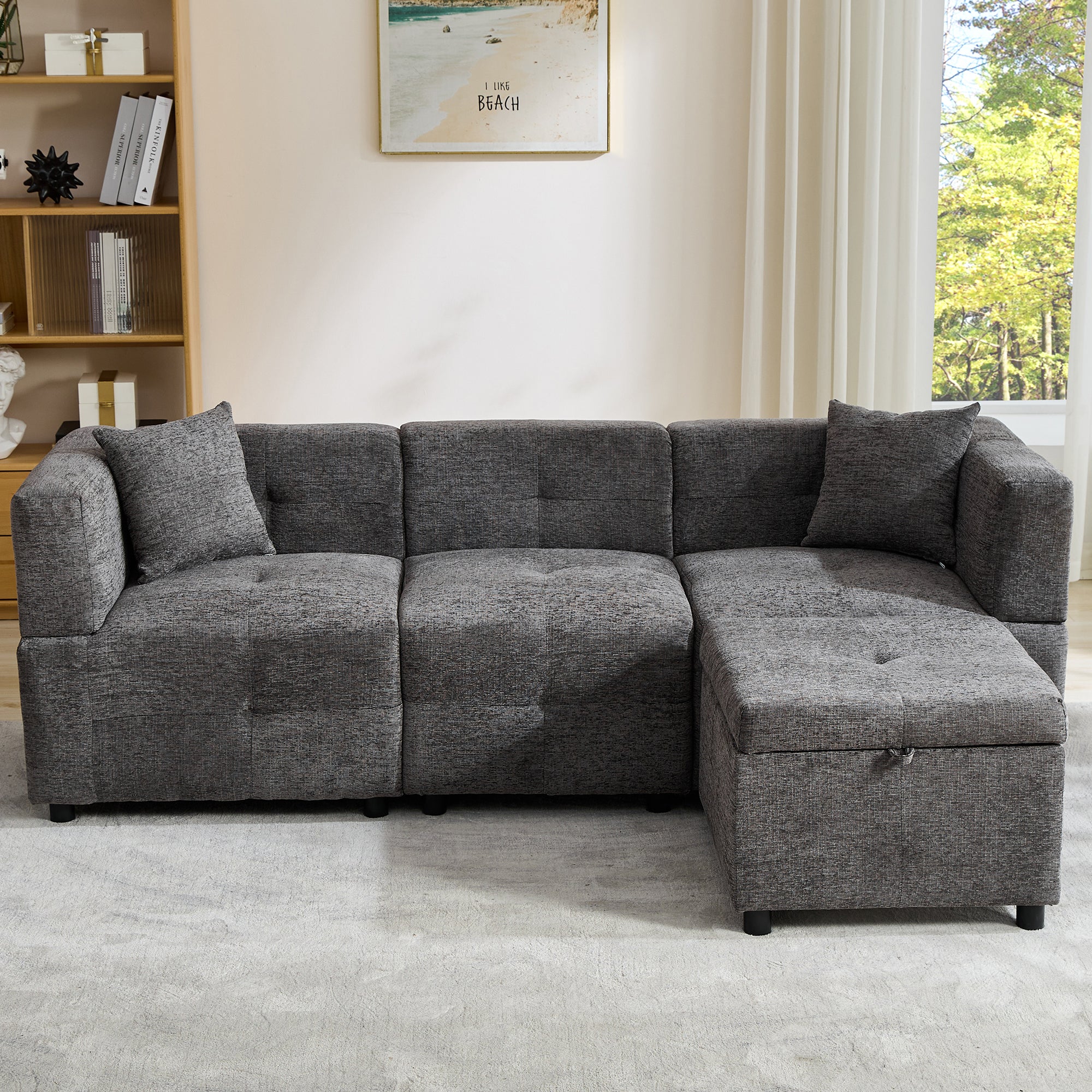 80" Sectional Sofa Couch with Removable Storage Ottoman, L-Shaped, Fabric, Grey