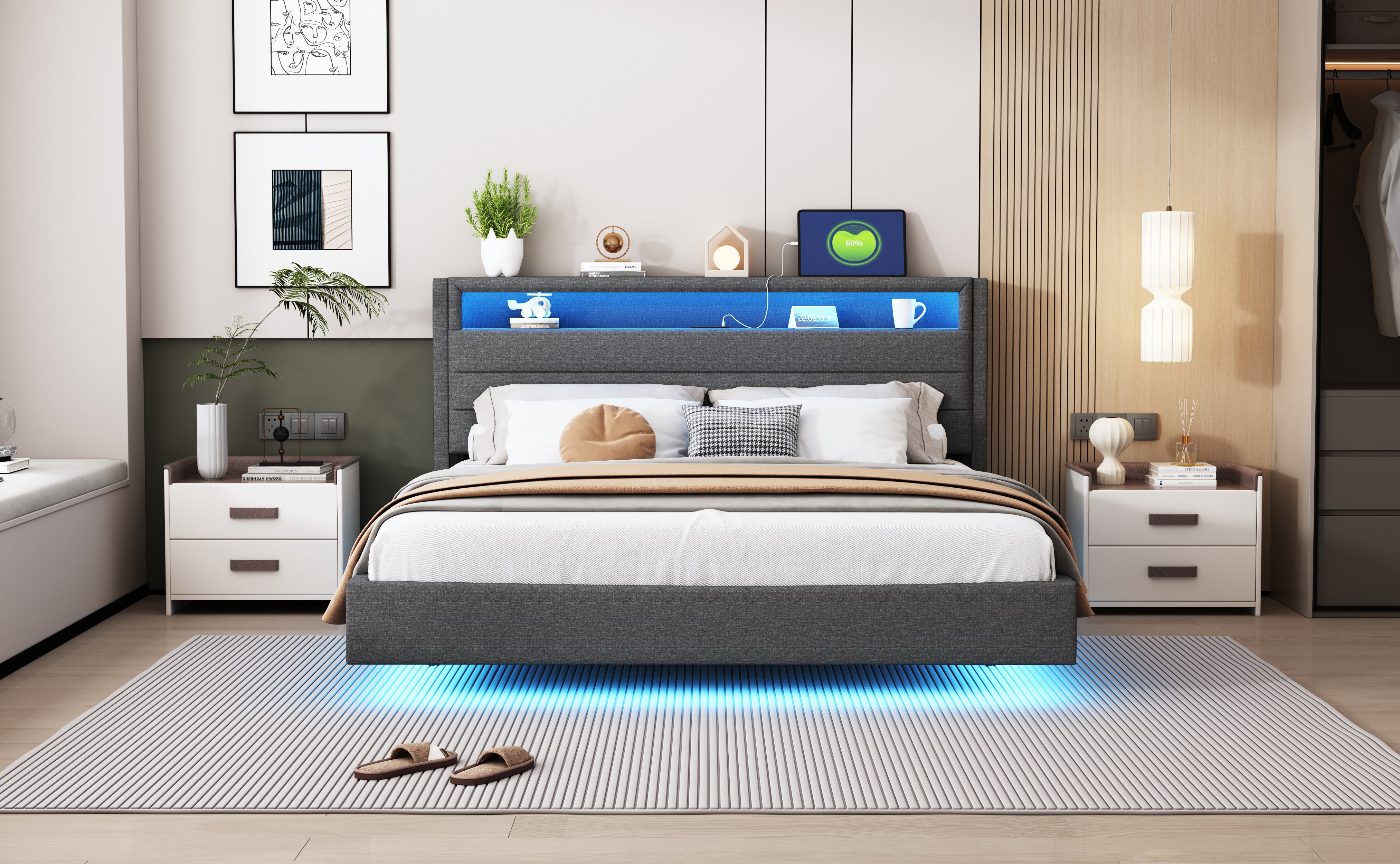 Upholstered Bed, 160x200 cm with USB & LED, Reversible Headboard, Grey Linen