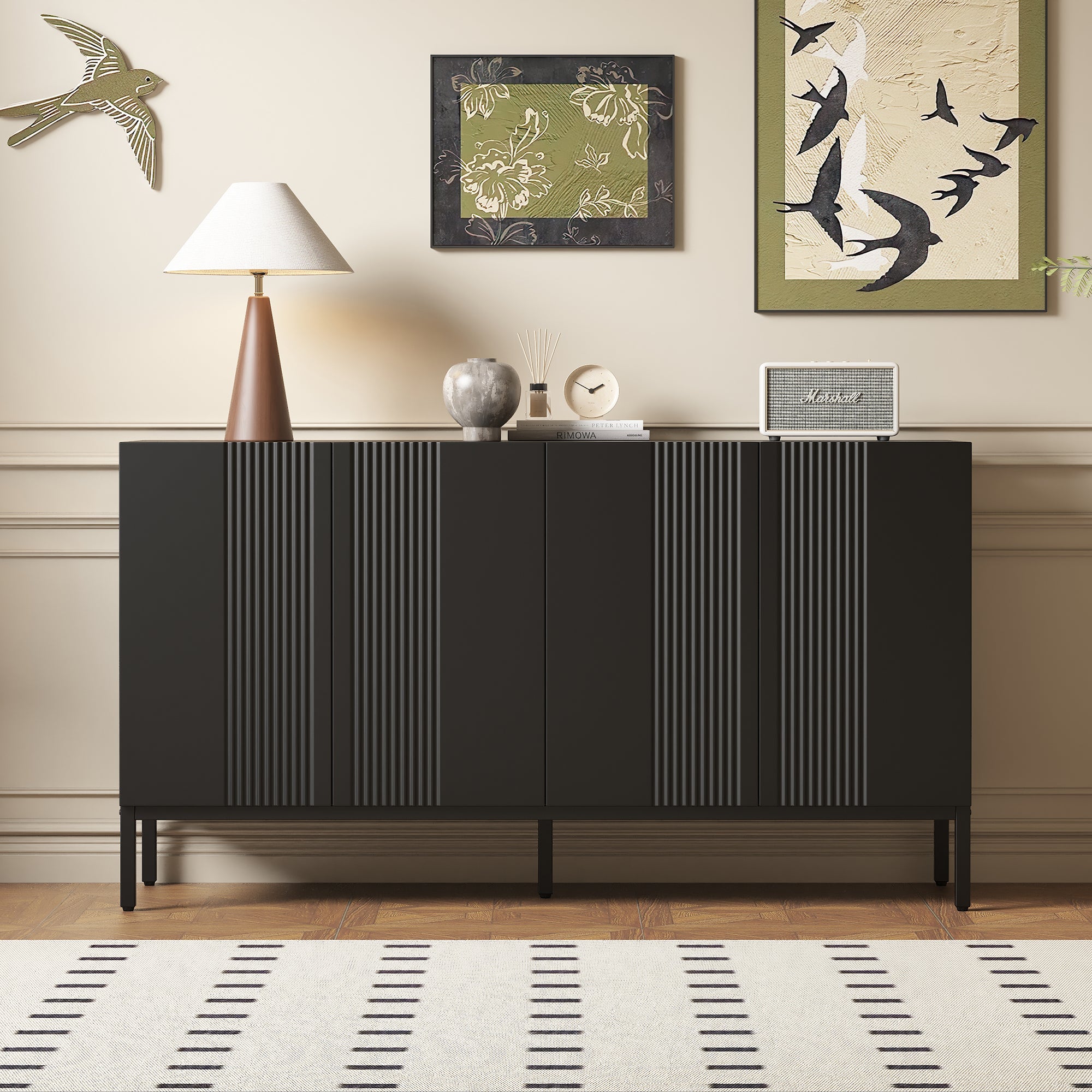 Modern Sideboard Unique Lines 4 Doors Handleless - Black