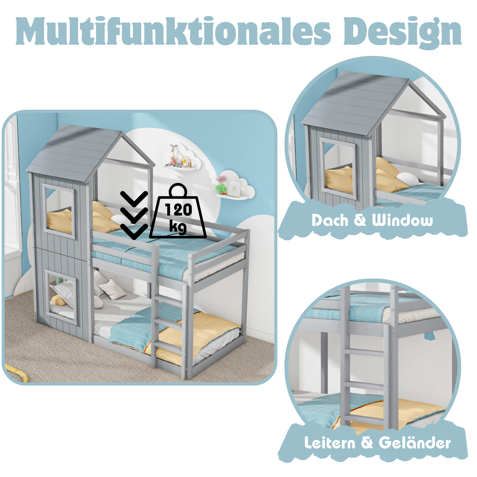 Bunk Bed, House Bed with Ladder & Canopy, Solid Wood, Grey