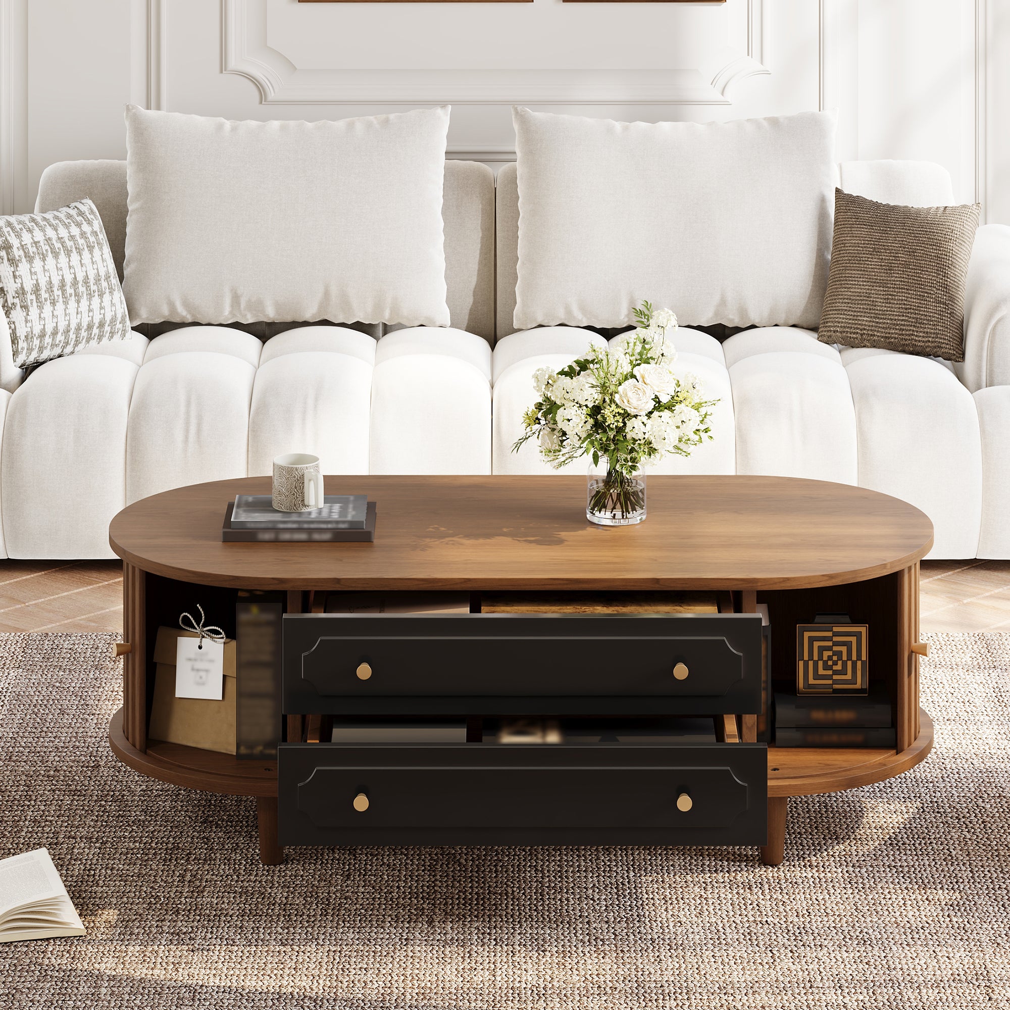 Coffee Table with 2 Drawers and Roll-up Doors, Walnut and Black