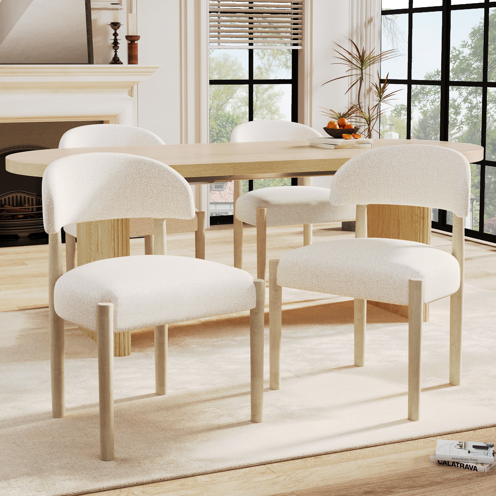 Solid Wood Dining Chairs Set of 4, Comfortable and Breathable, Natural Bouclé