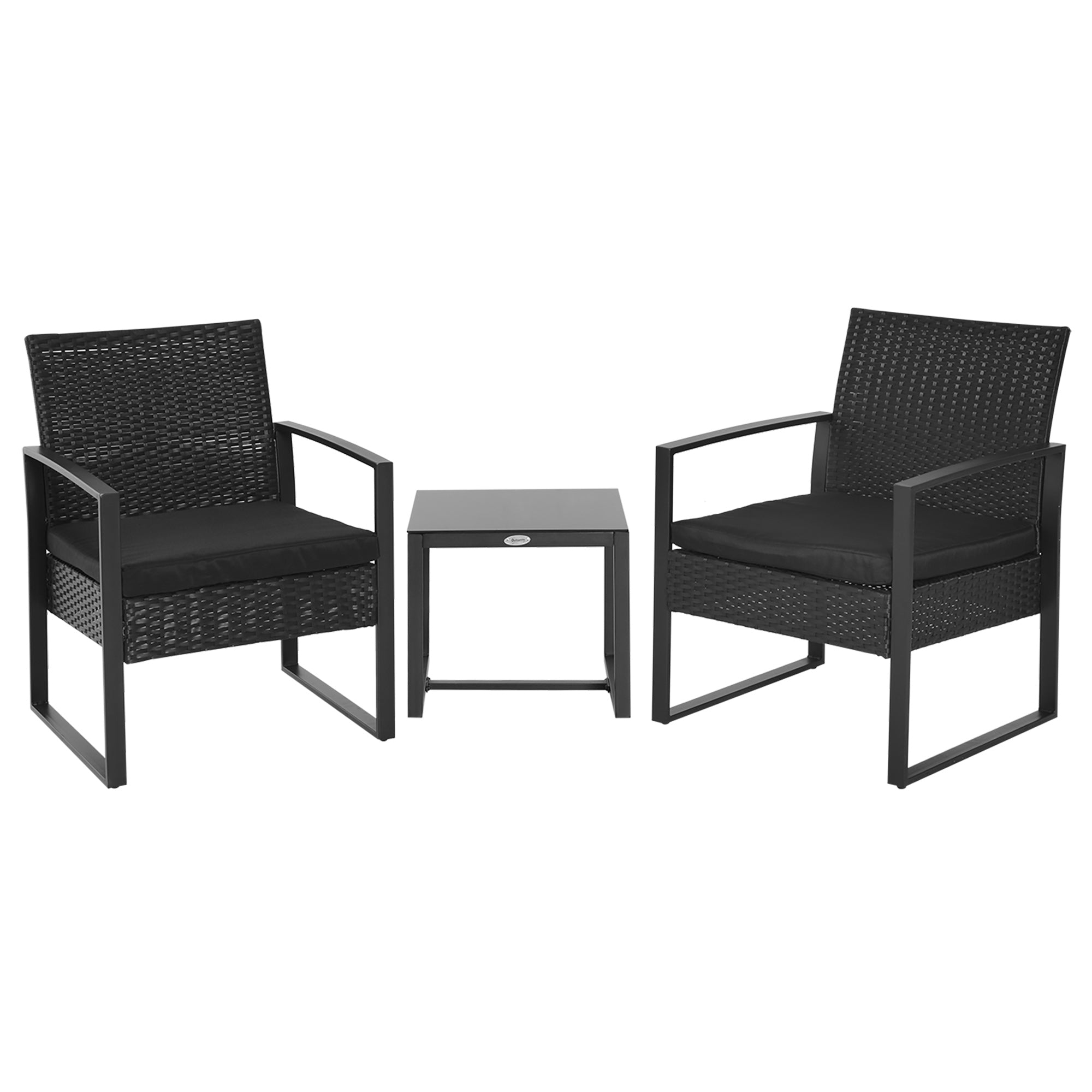 2 Seater Rattan Coffee Set 3 Piece Bistro with Glass Top Black Wicker