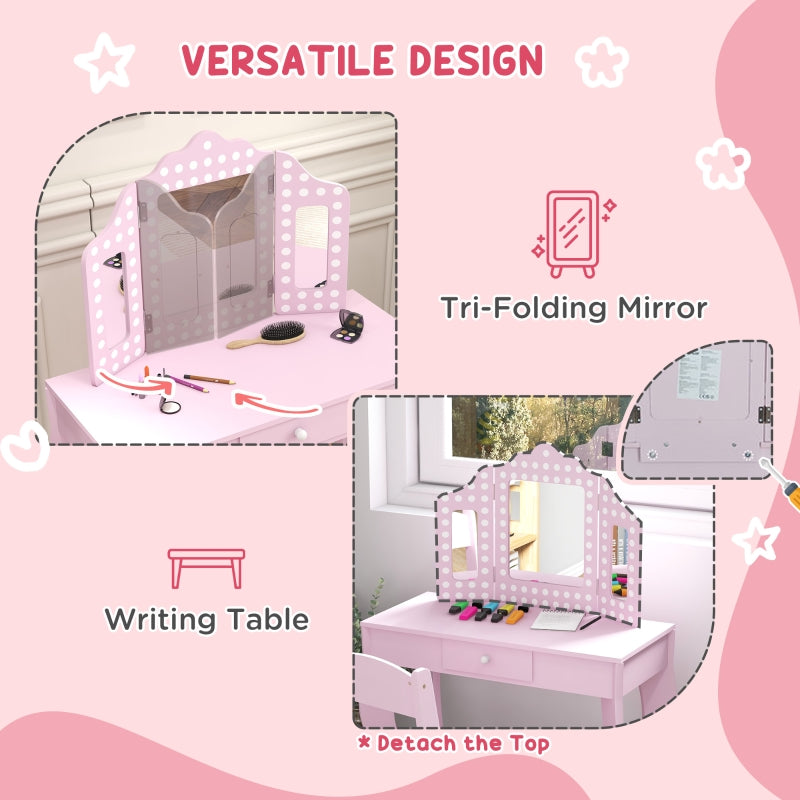 Kids Dressing Table Set, Stool Tri-Fold Mirror Drawer, Pink