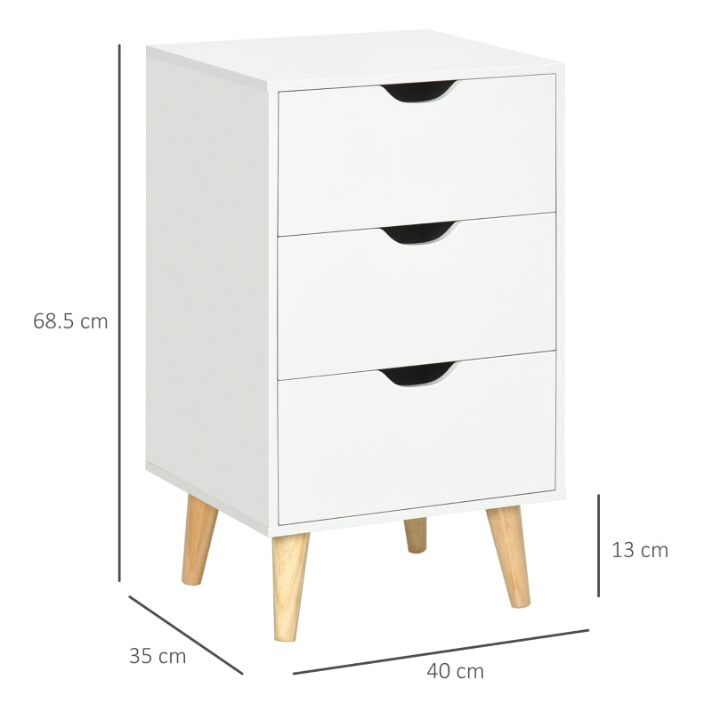 Bedside Table with 3 Drawers, Wood Legs, White