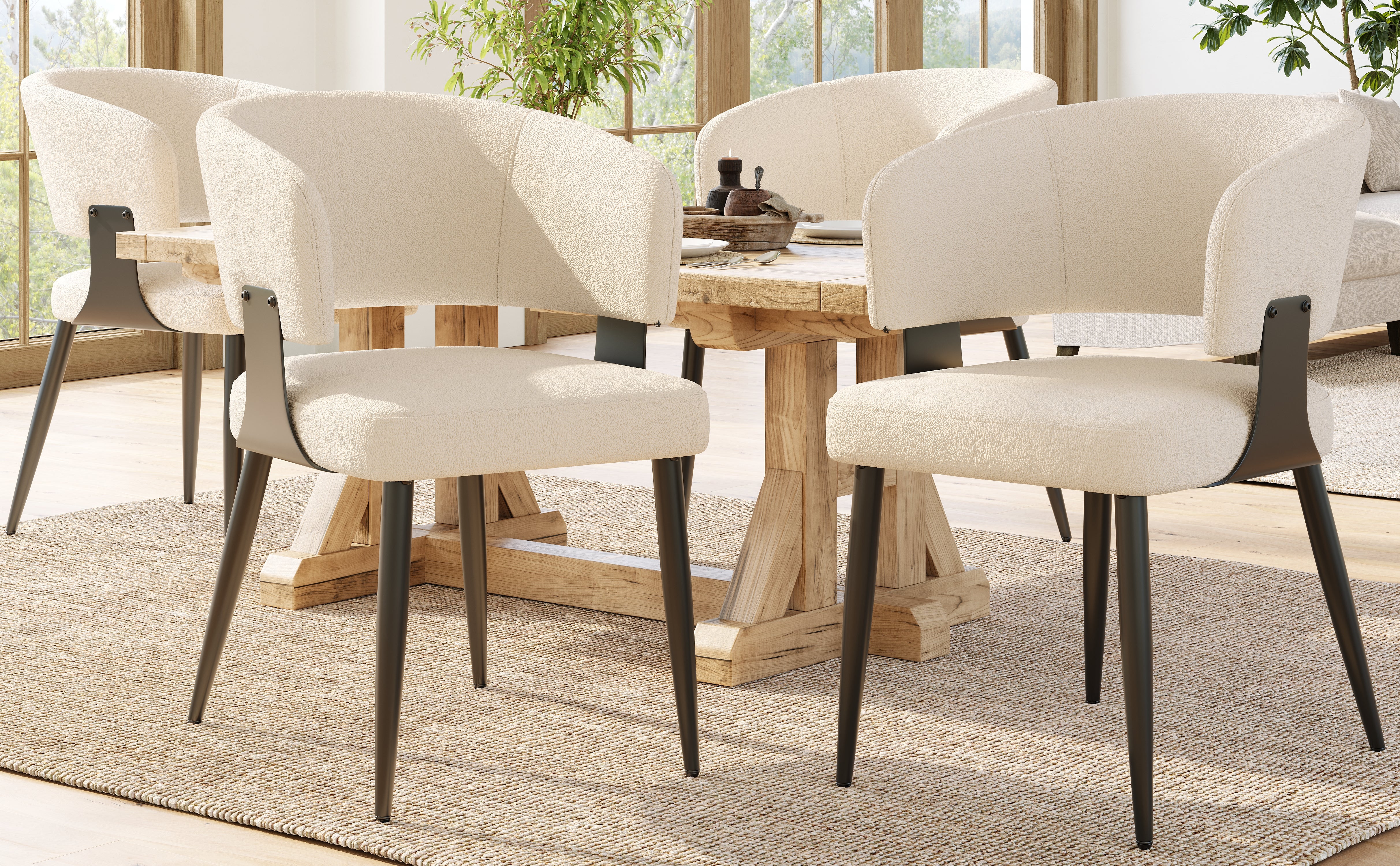 Ergonomic Dining Chair Set of 4 with Curved Backrest and Flannel Fabric, Beige/Grey