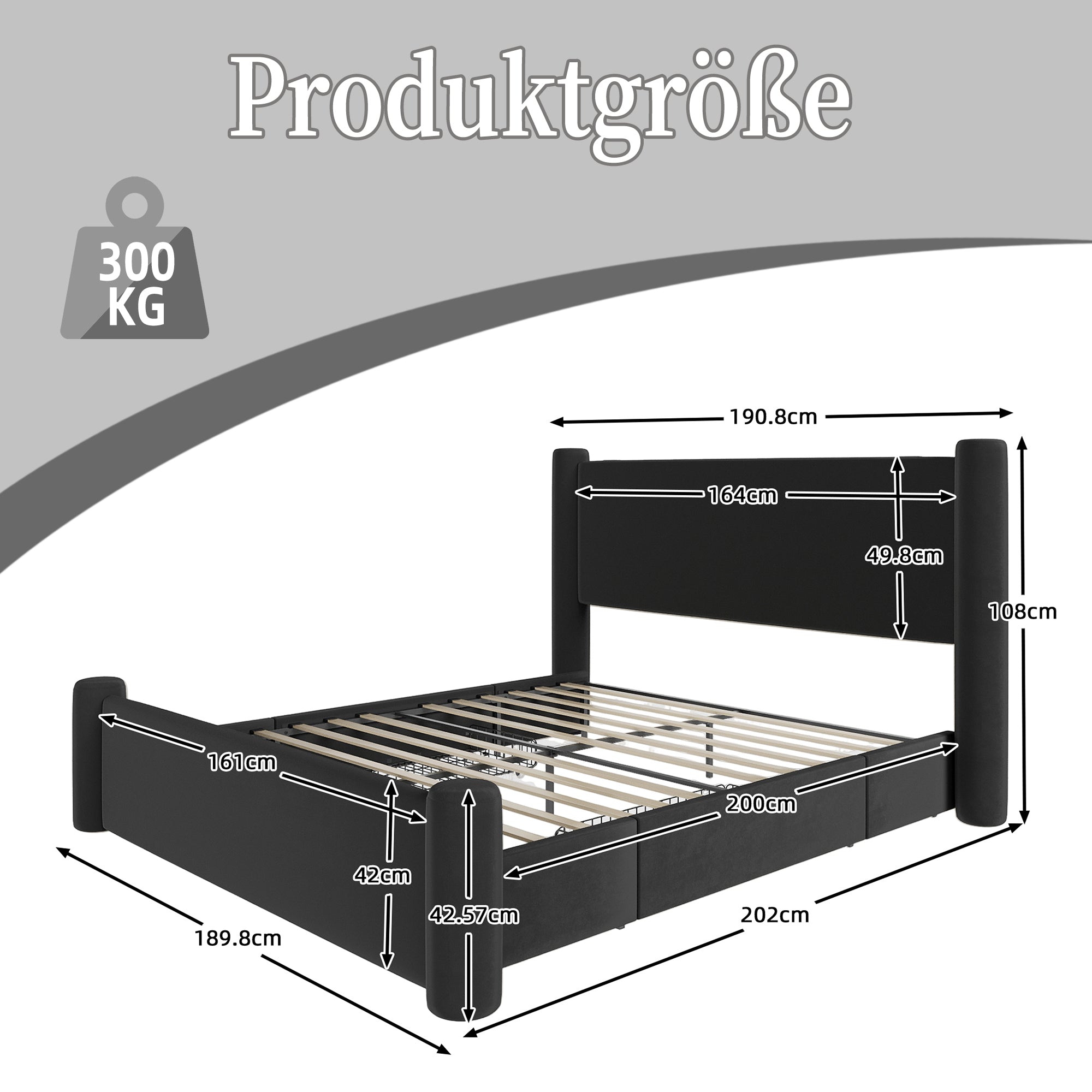 Bed Frame, 160x200cm, 3D Column, Padded Headboard, 2 Storage Drawers, USB, Black