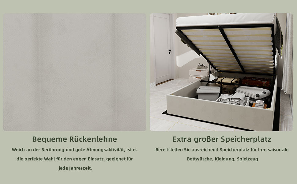 Modern Minimalist Bed Frame, 90x200 cm Gas Lift Storage, Beige Dutch Velvet