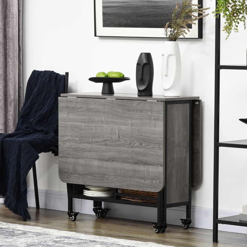 Mobile Drop Leaf Table Folding Extendable Dining Table with 6 Wheels and Storage Shelf