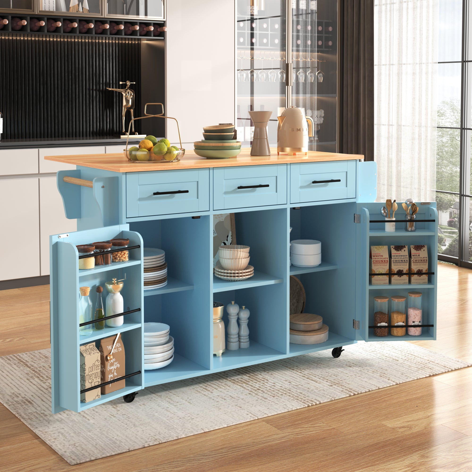 Dining Trolley Sideboard with Fold-Down Worktop and Casters, Blue and Solid Wood Grain