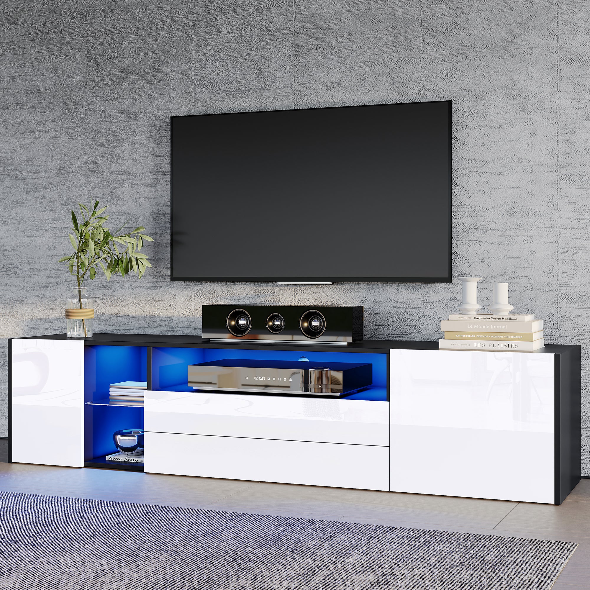 TV Stand Cabinet, 180x40x45cm LED Lowboard with 2 Drawers & 2 Cabinets for 75-inch TVs, Black and White
