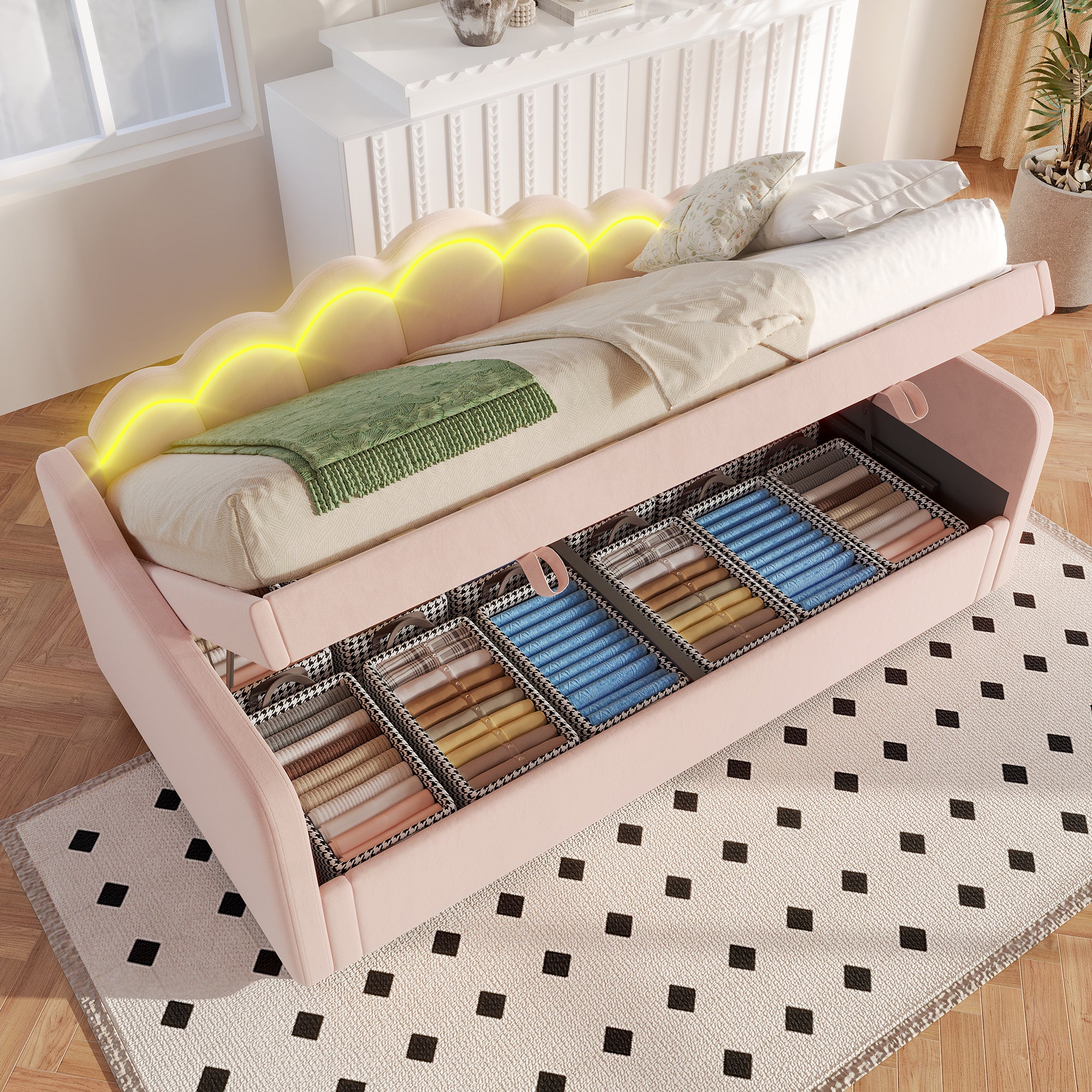 Daybed Sofa Bed 90x200cm Hydraulic Storage LED - Velvet Pink