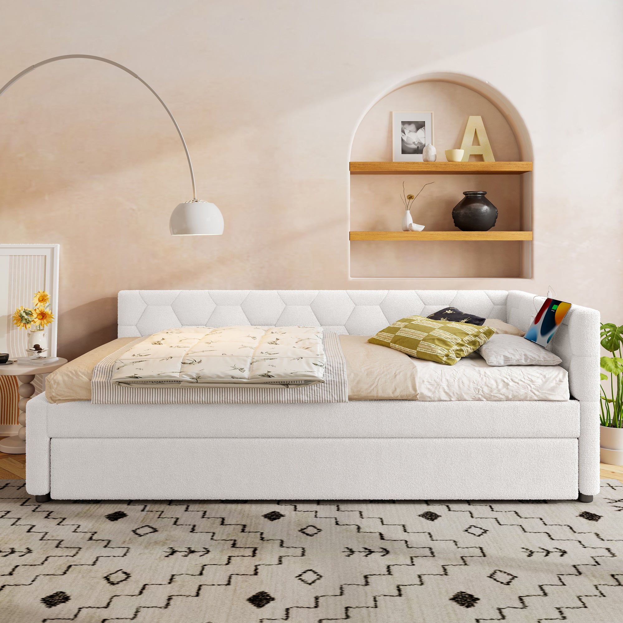 Daybed Sofa Bed 90x200cm Pull-Out Bed Lamp USB/Type-C - Fleece Imitation White