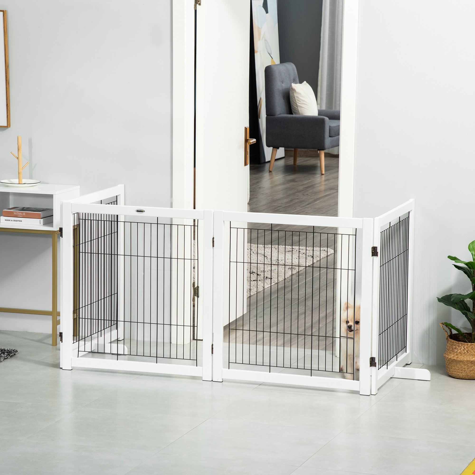 Wooden Dog Gate, Safety Gate, 305 x 35.5 x 82 cm, White Steel