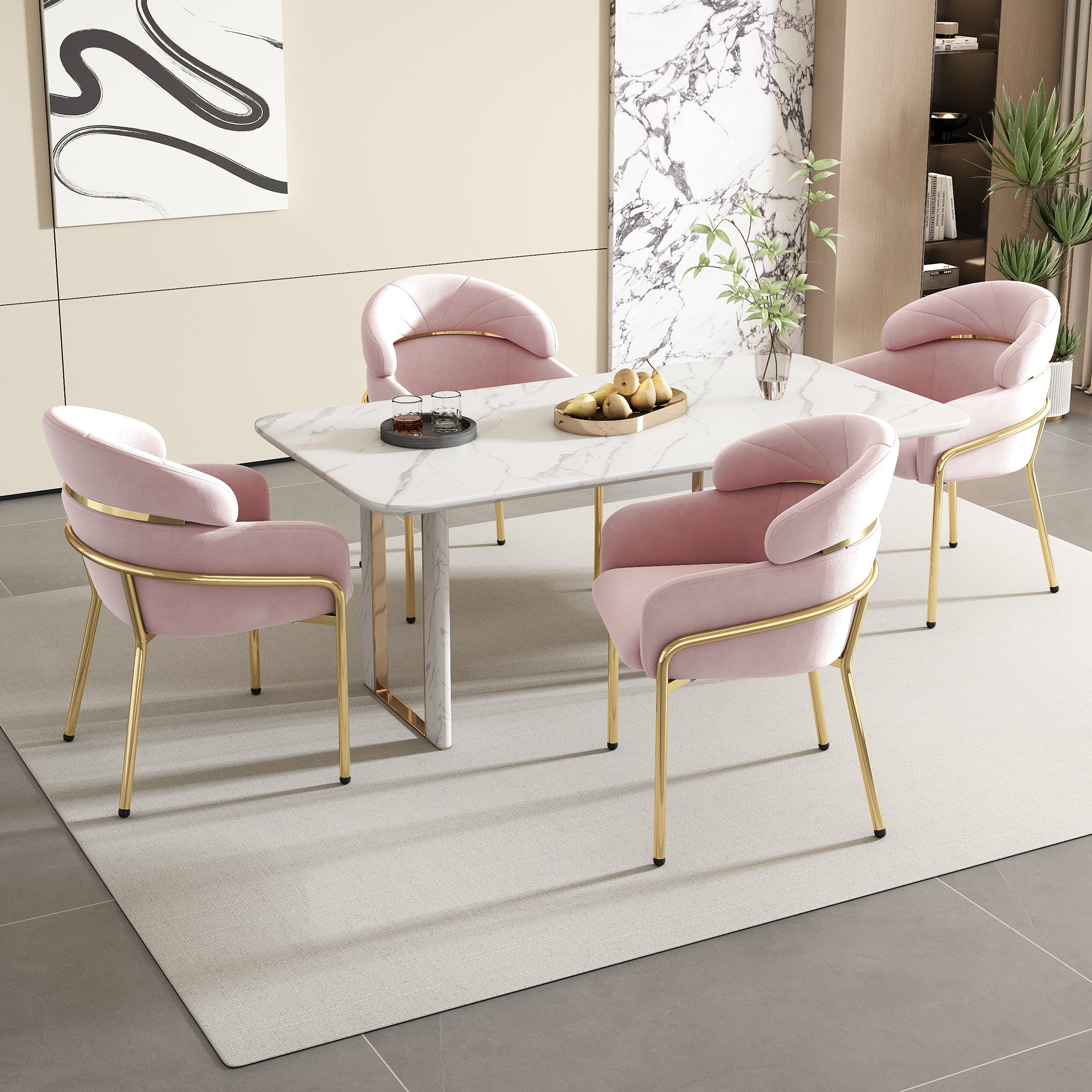 Dining Chair, Single Light Luxury Leisure Chair with Metal Legs, Velvet Pink
