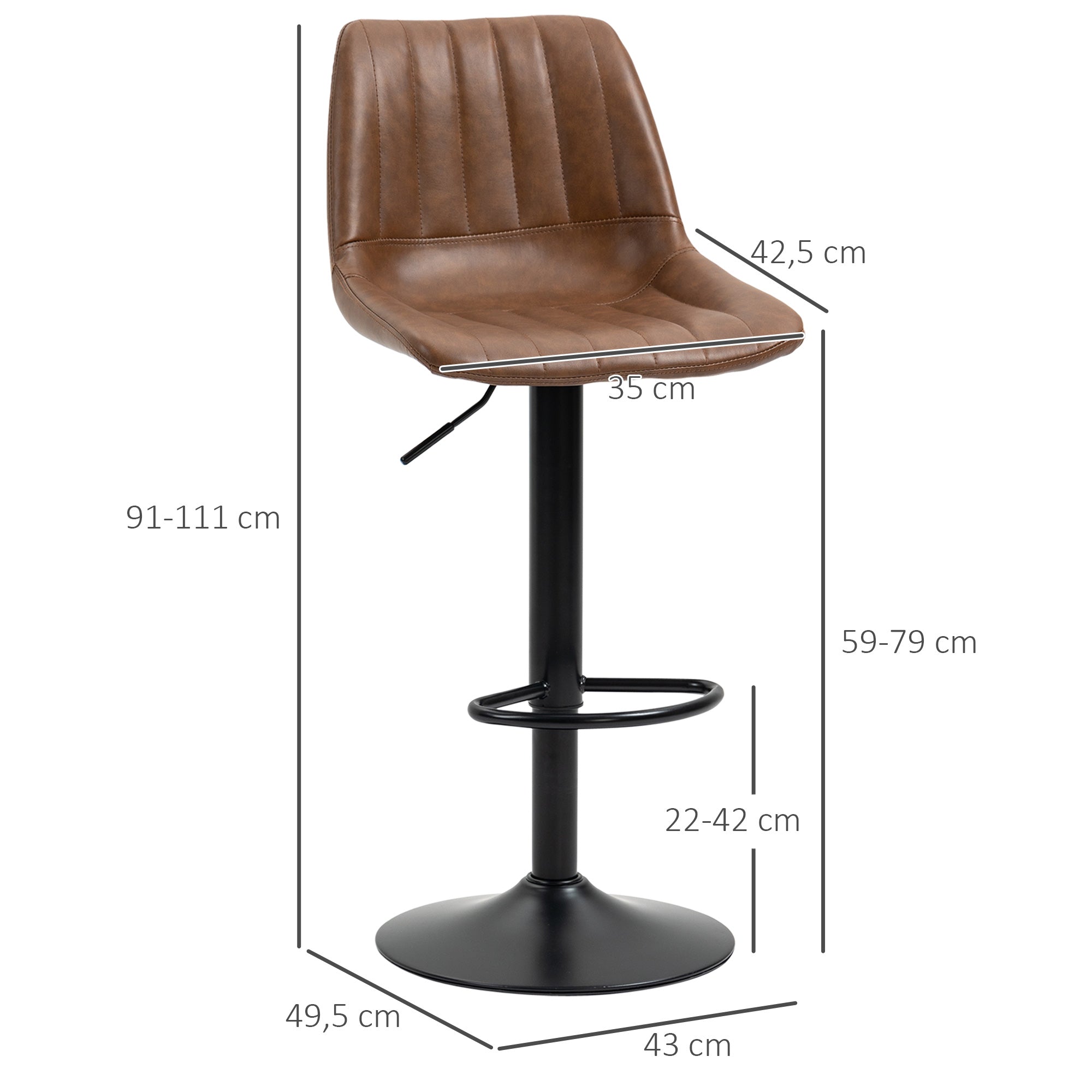 Bar Stools Set of 2, Height-Adjustable Foot Ring, Faux Leather Brown/Steel