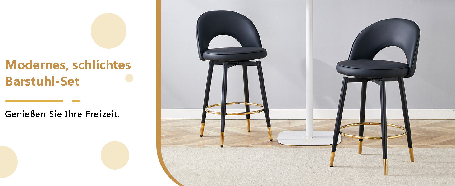 360° Swivel Bar Stool, Padded Seat with Openwork Backrest, Set of 2, Black PU Leather and Metal