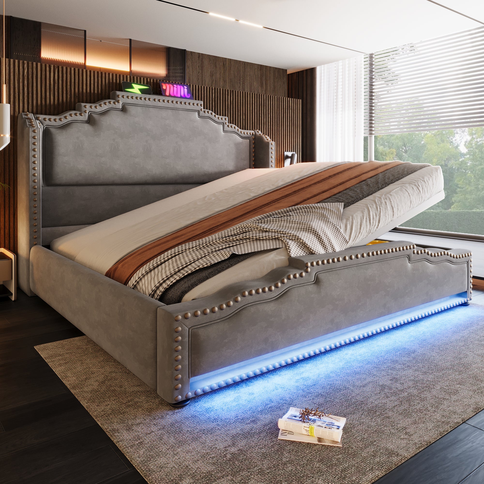 Upholstered Bed 160x200, Hydraulic Storage, LED, USB-C, Velvet Grey