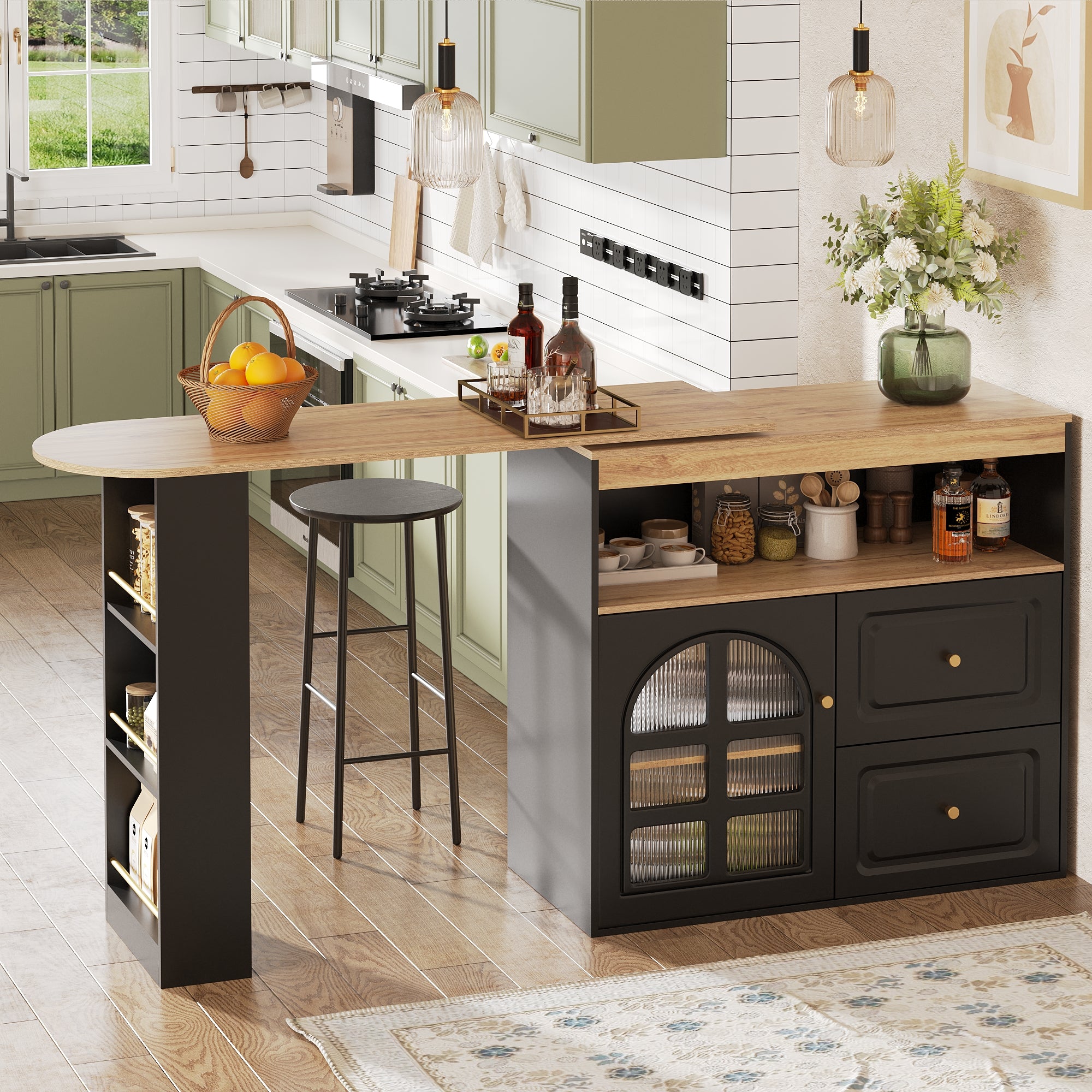 360° Rotating Dining Bar Storage with 2 Drawers Curved Glass - Black