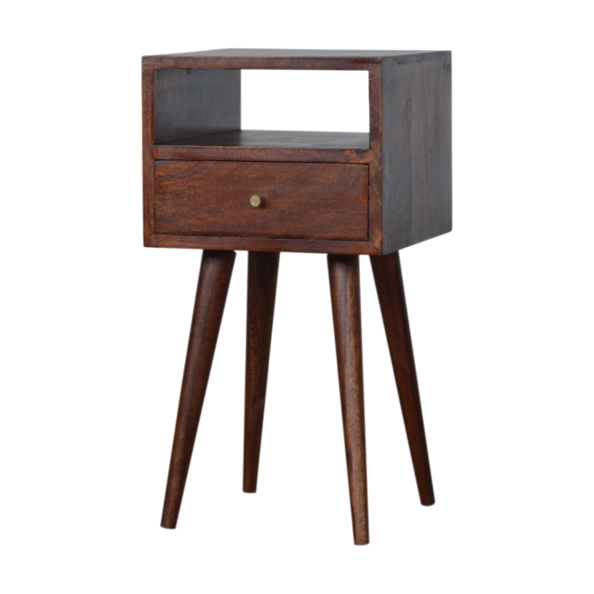 Solid Wood Mini Bedside with 1 Drawer and Open Shelf, Dark Brown