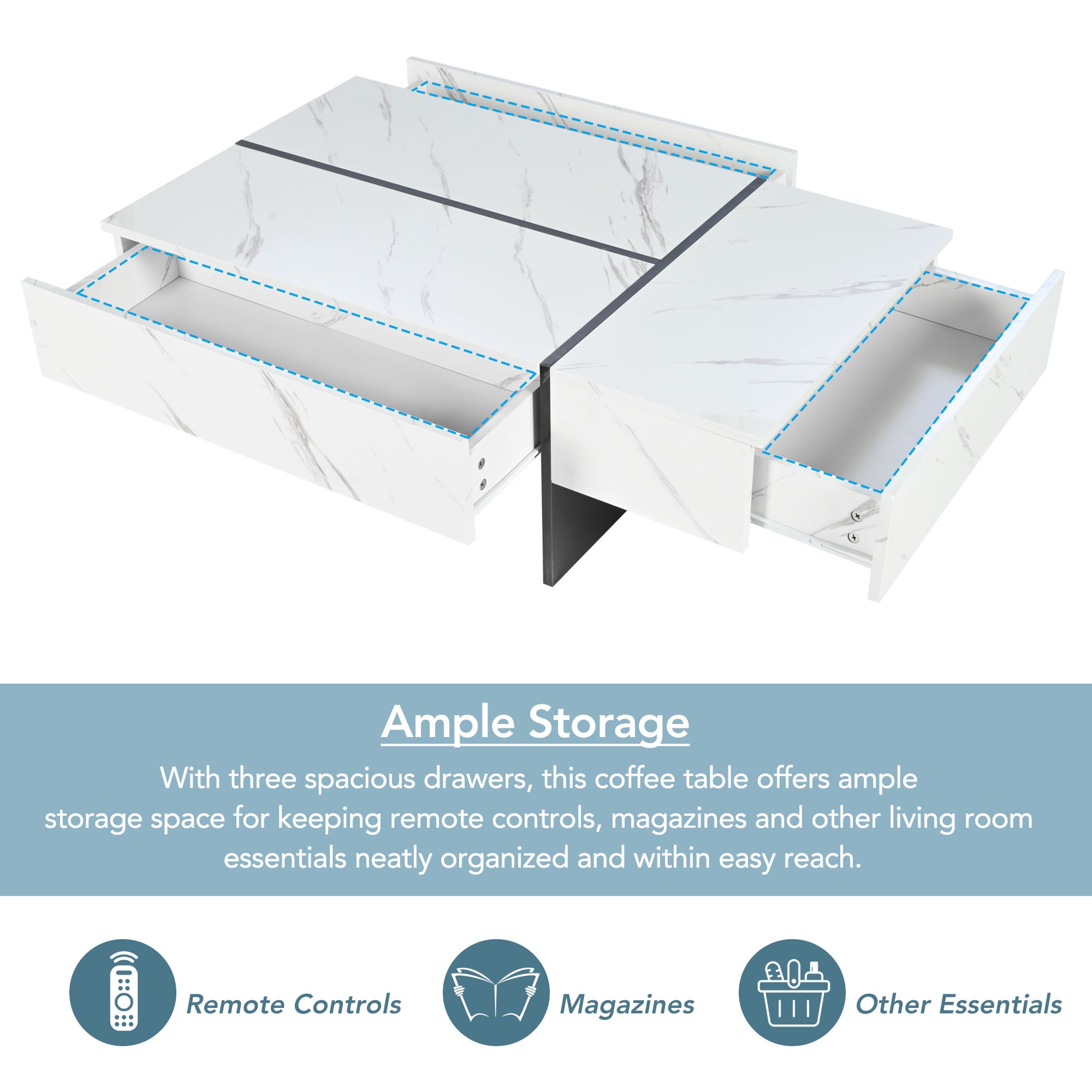 Coffee Table 105x60x35cm Irregular LED High-Gloss Marble - White