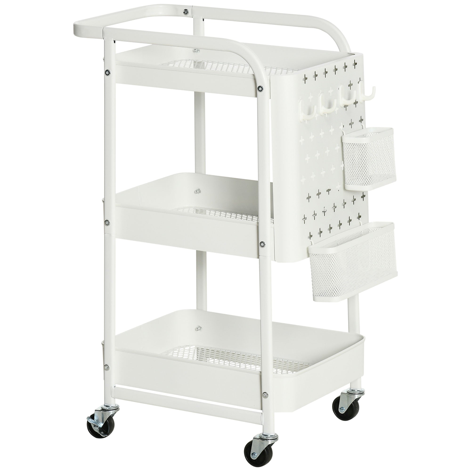 Rolling Cart, 3-Tier Kitchen Shelf with Wheels, Steel White