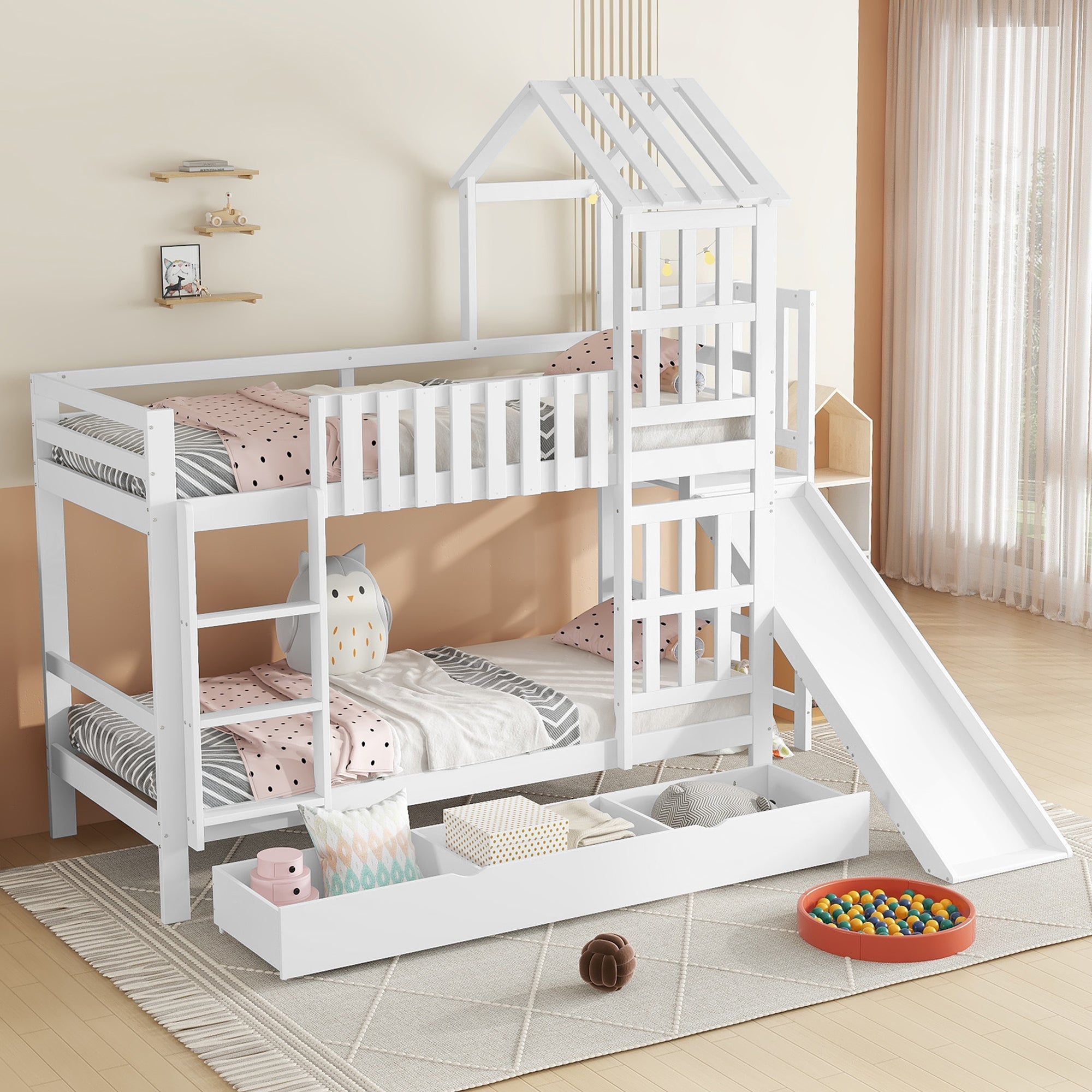 Bunk bed, children's bed with large drawer, fun slide, roof and window, white, Pine+MDF+Plywood