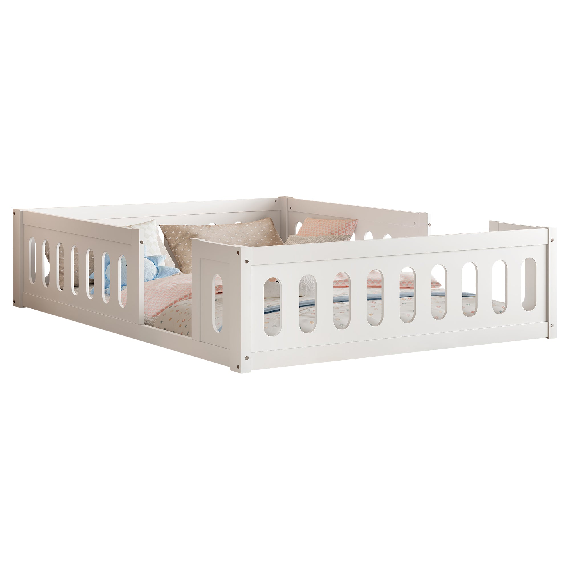 Wooden Platform Bed, 140x200 with Railing, White