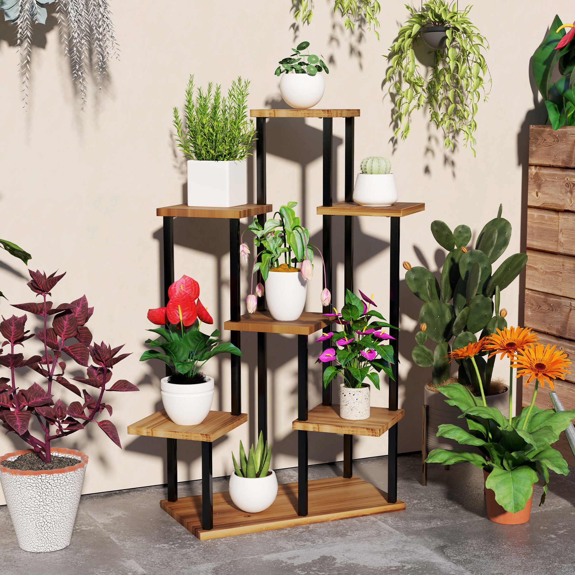 Plant Stand, Seven Shelf Indoor Wooden
