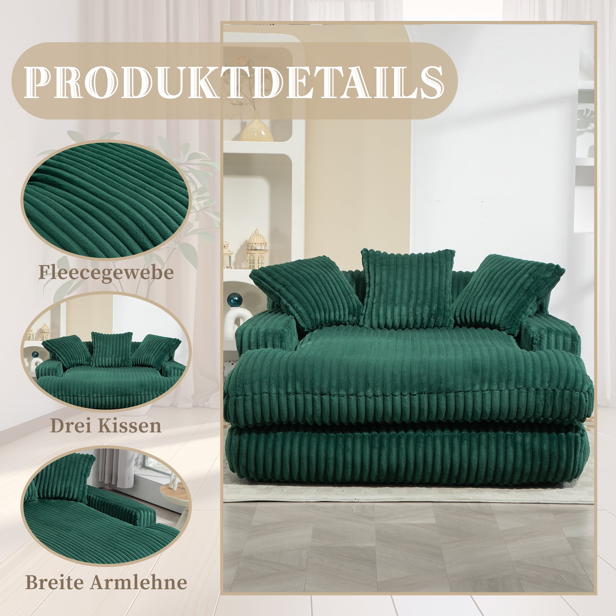 Sofa Bed, Cloud Couch with 3 Soft Pillows, Single Seat, Corduroy Emerald