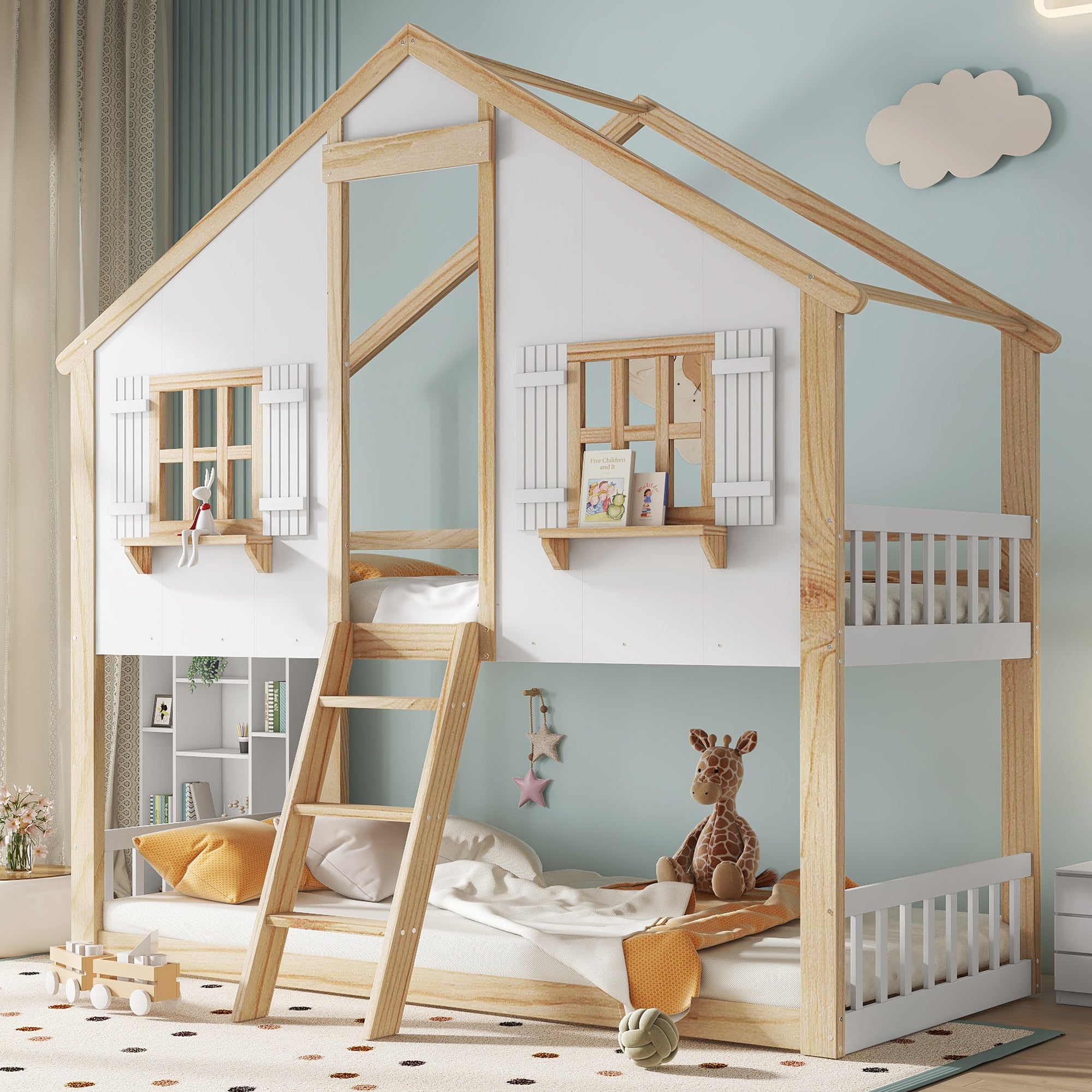 Bunk Bed, Children's with Windows & Roof, Safety Rails, Pine & MDF, White & Natural, 90x200cm