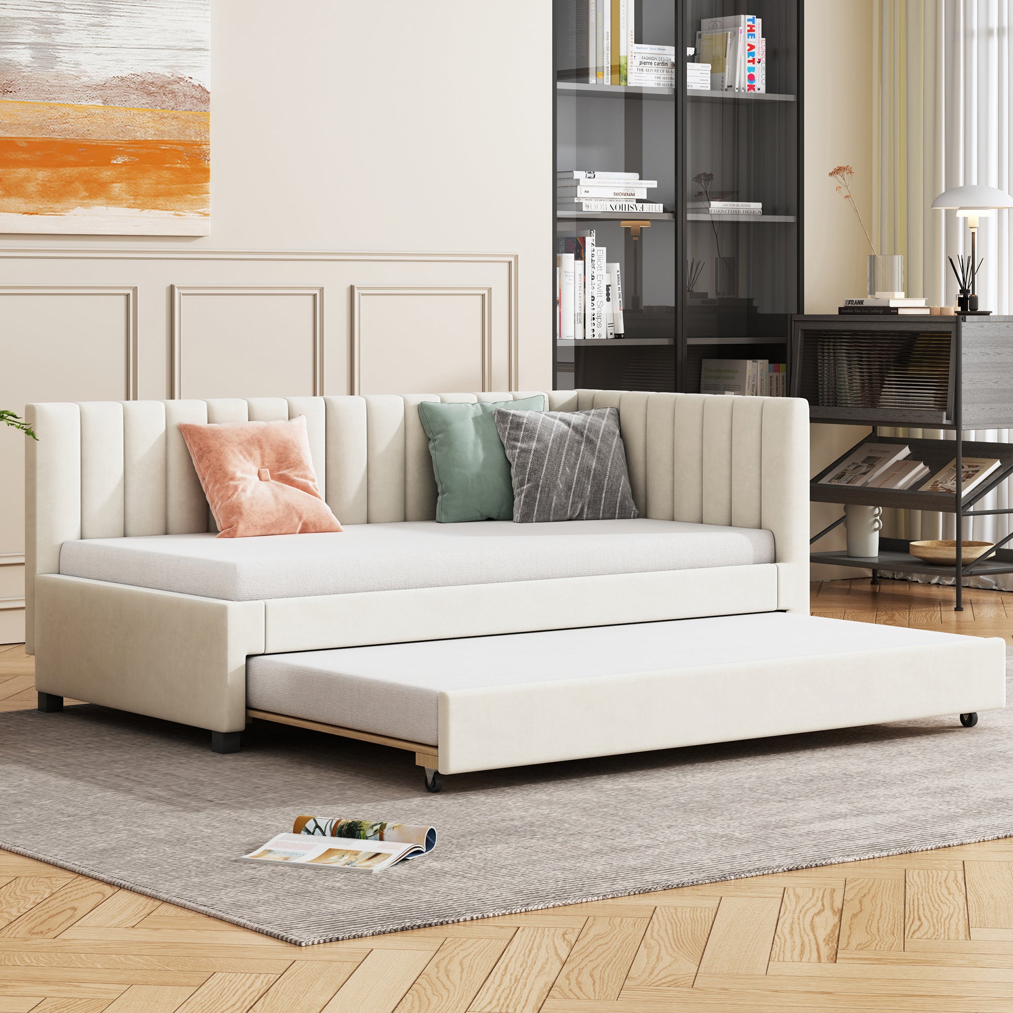 Upholstered Bed 90*200, Pull-Out Sofa Bed, Multifunctional with Slatted Frame, Velvet Fabric Beige