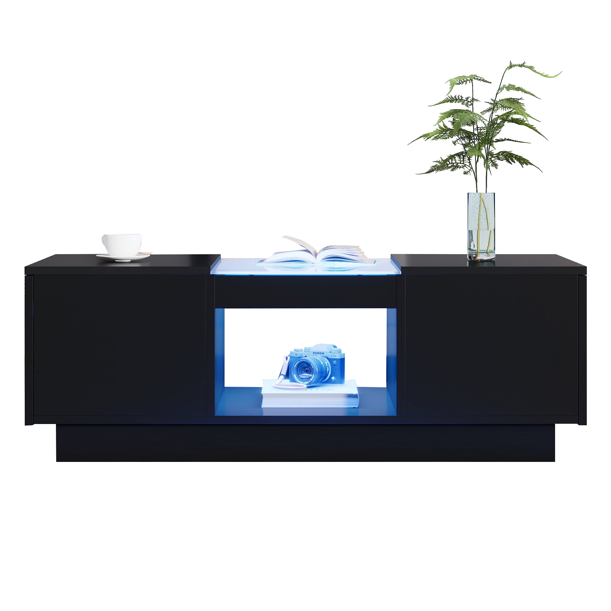 Black Coffee Table with Glass Panel, LED Lighting, App Control, 2 Drawers, 100x50x35.5 cm