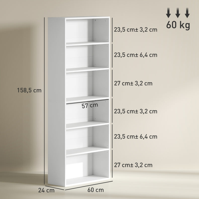 Bookcase, 5-Tier Standing with Adjustable Shelves, White