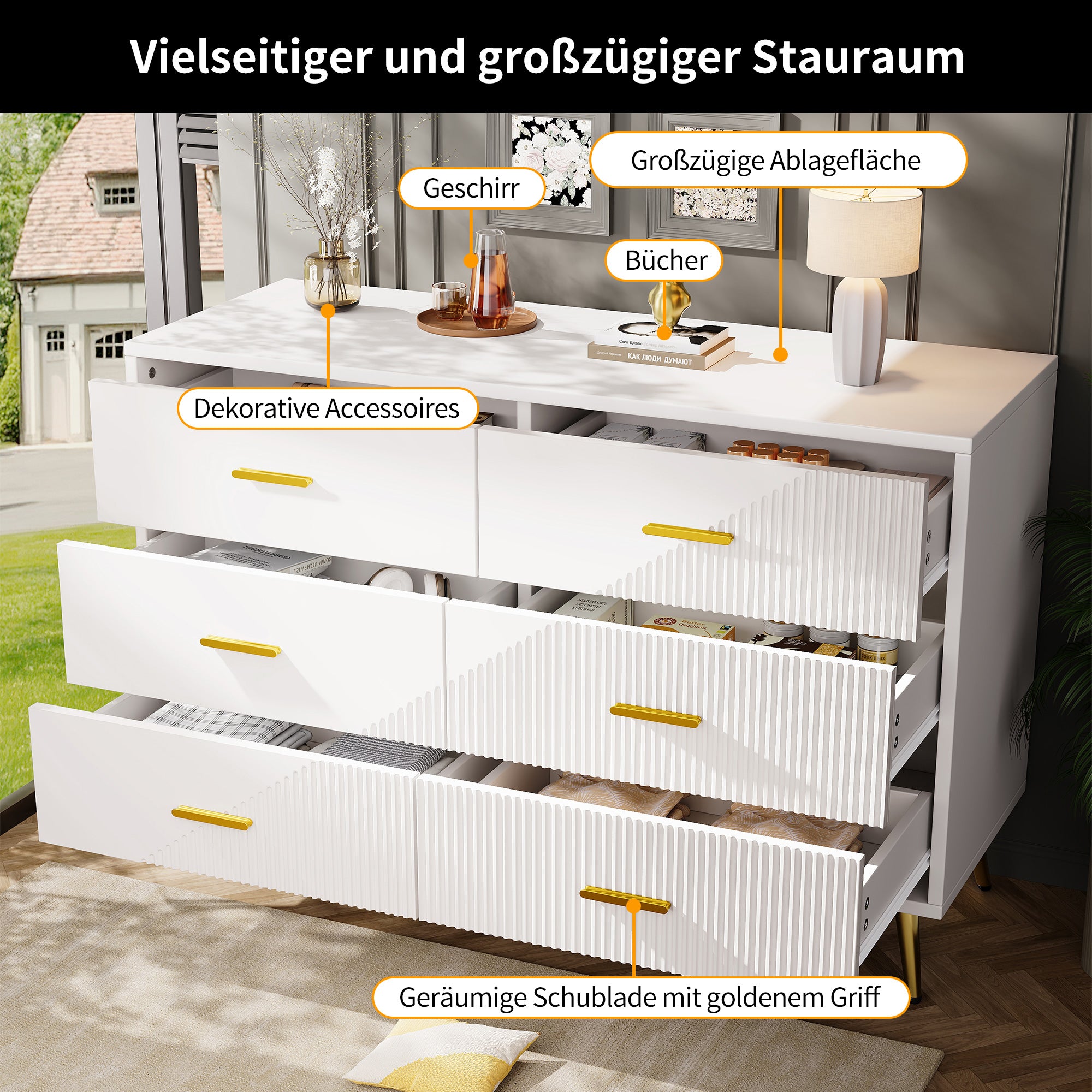Chest of Drawers, 6-Drawer Cabinet with Golden Legs, White